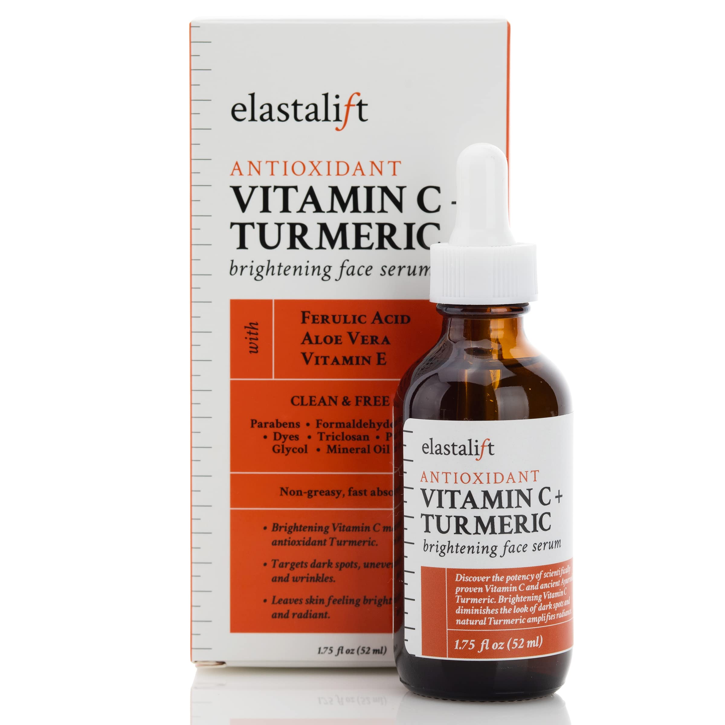 Elastalift vitamin c turmeric serum bottle highlights brightening packaging.