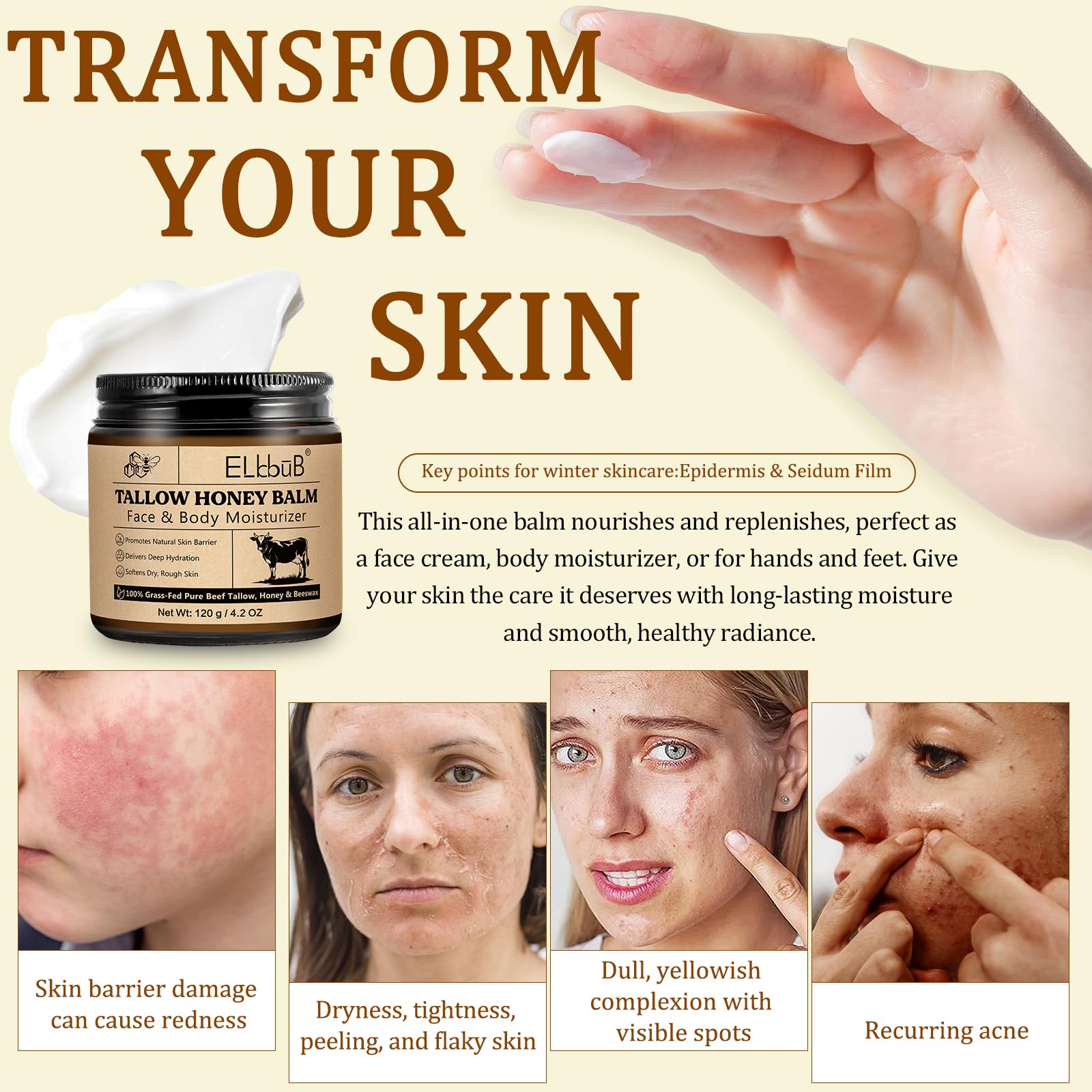 ELBBUB Whipped Tallow Cream applied to the face for deep hydration and softness.