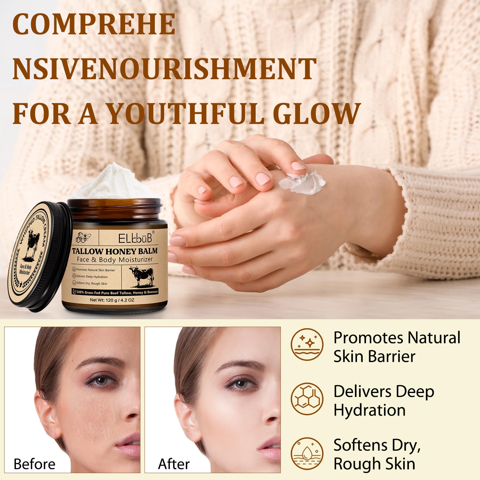 ELBBUB Whipped Tallow Cream ingredients honey and beeswax nourish skin.