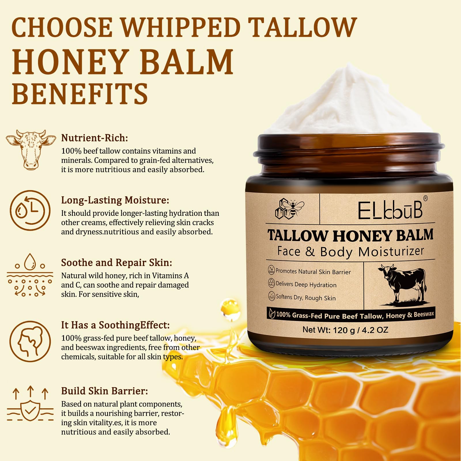 ELBBUB Whipped Tallow Cream texture shows airy, fast-absorbing whipped consistency for daily use.