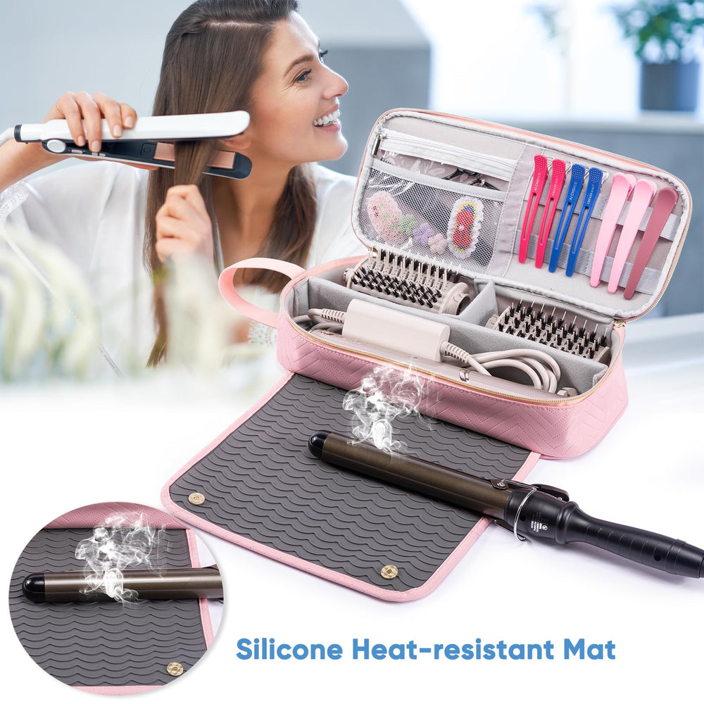 Elcupa heat-resistant mat showcases safe placement of hot tools during styling.