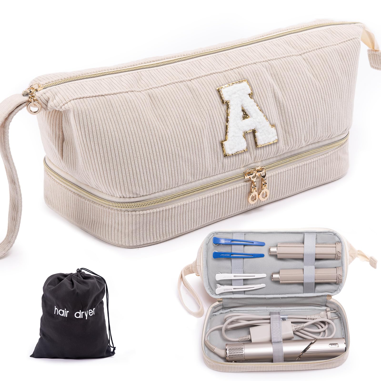 ELCUPA initialized hair dryer case closeup with personalized patch for travel