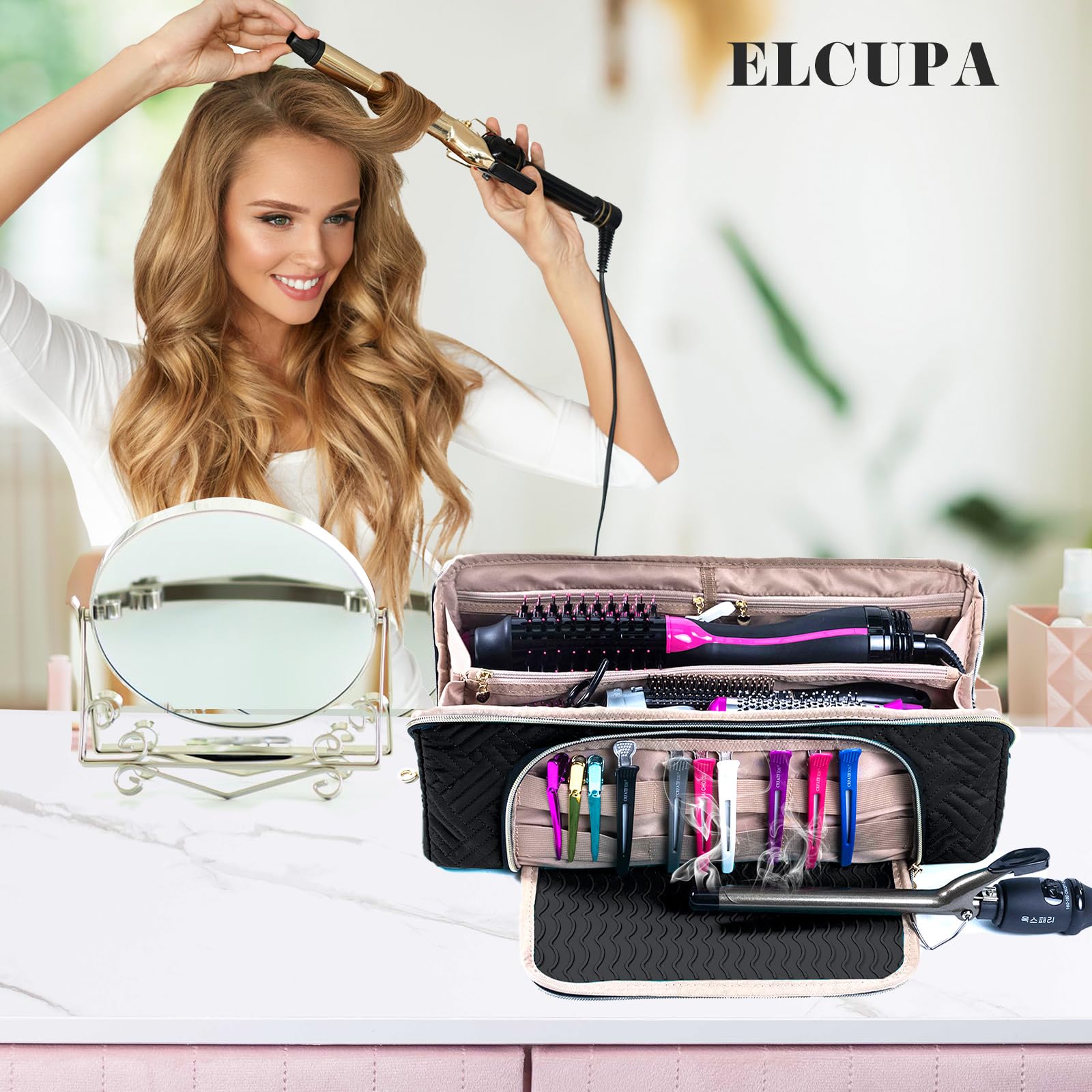 ELCUPA travel bag in use on a vanity counter.