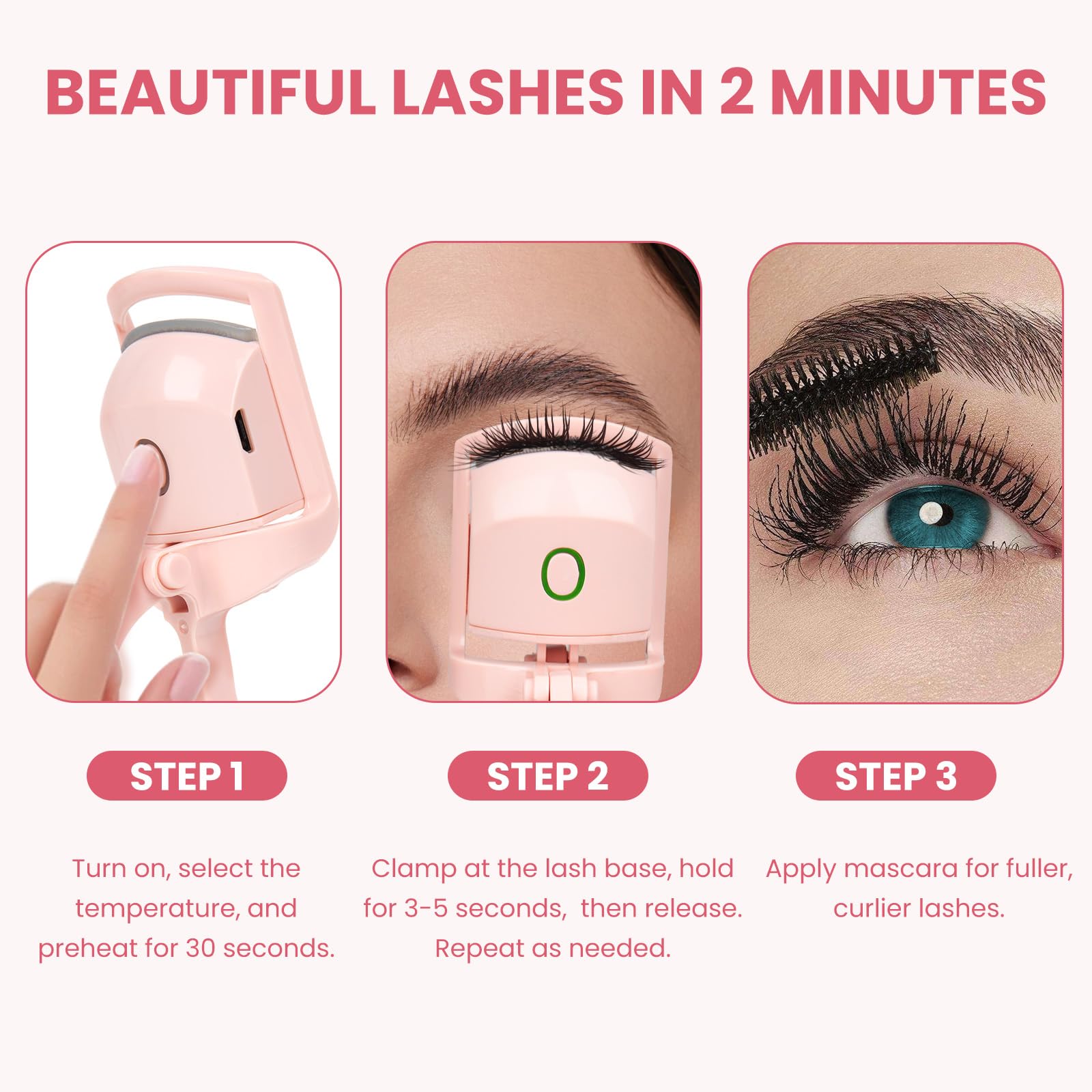 Electric heated eyelash curler 24h curl long-lasting effect.