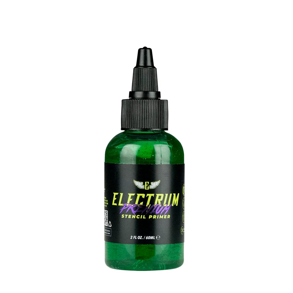 Electrum tattoo transfer gel application shows crisp stencil hold for carbon outlines.