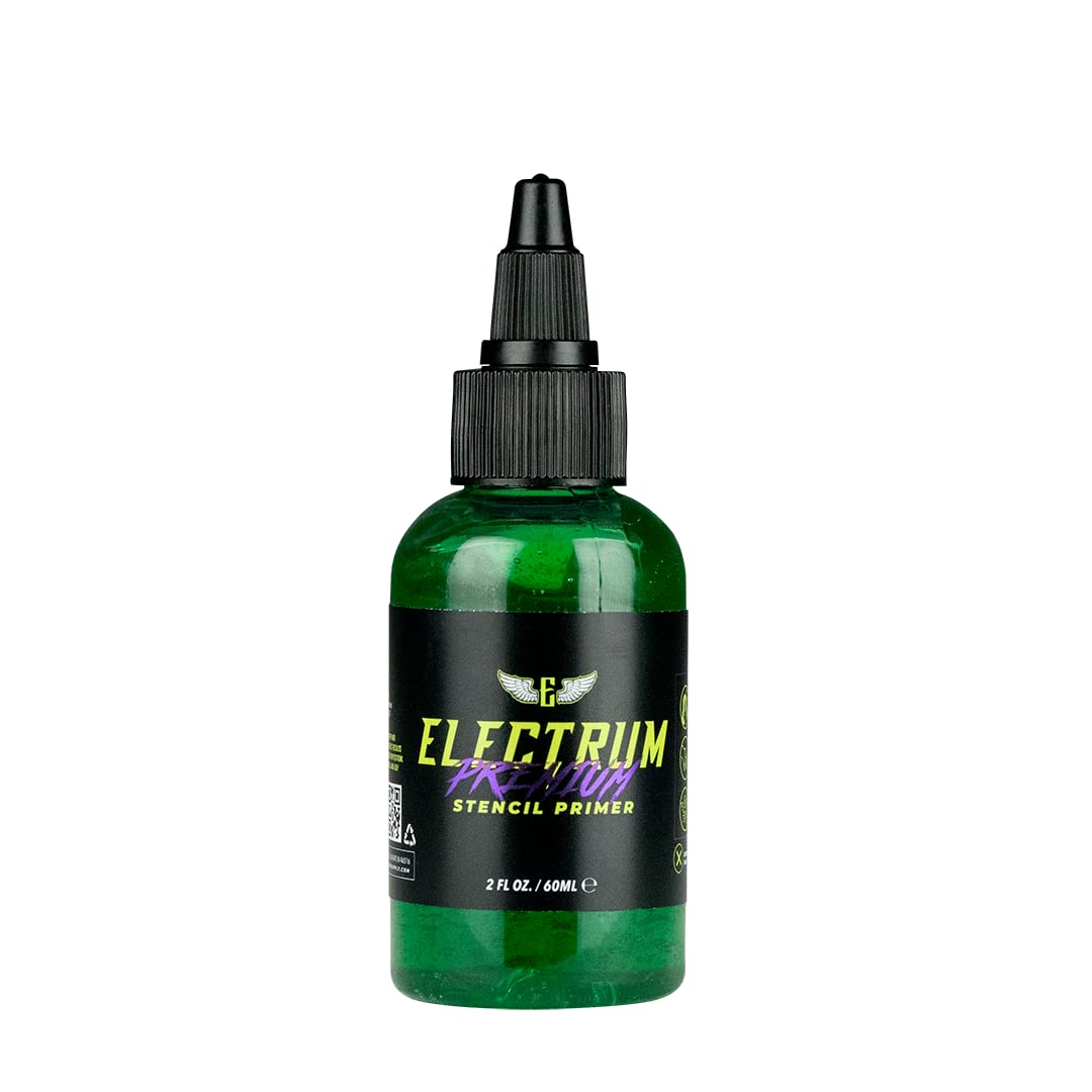 Electrum tattoo transfer gel application shows crisp stencil hold for carbon outlines.