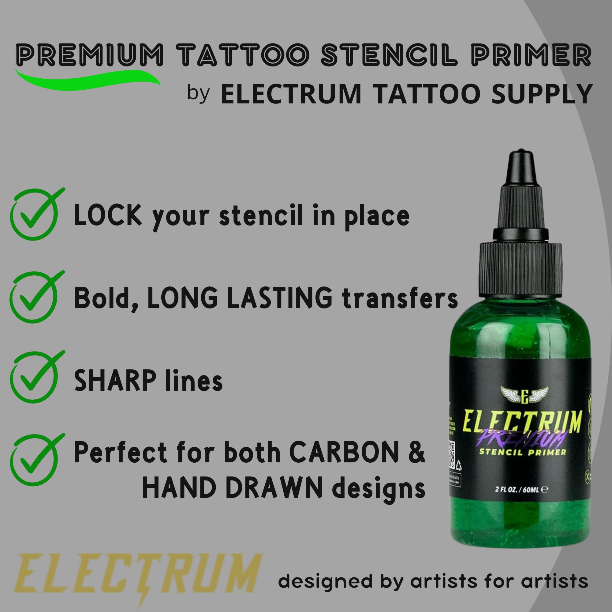 Electrum stencil gel bottle demonstrates skin-safe, non-toxic formula for sensitive skin.