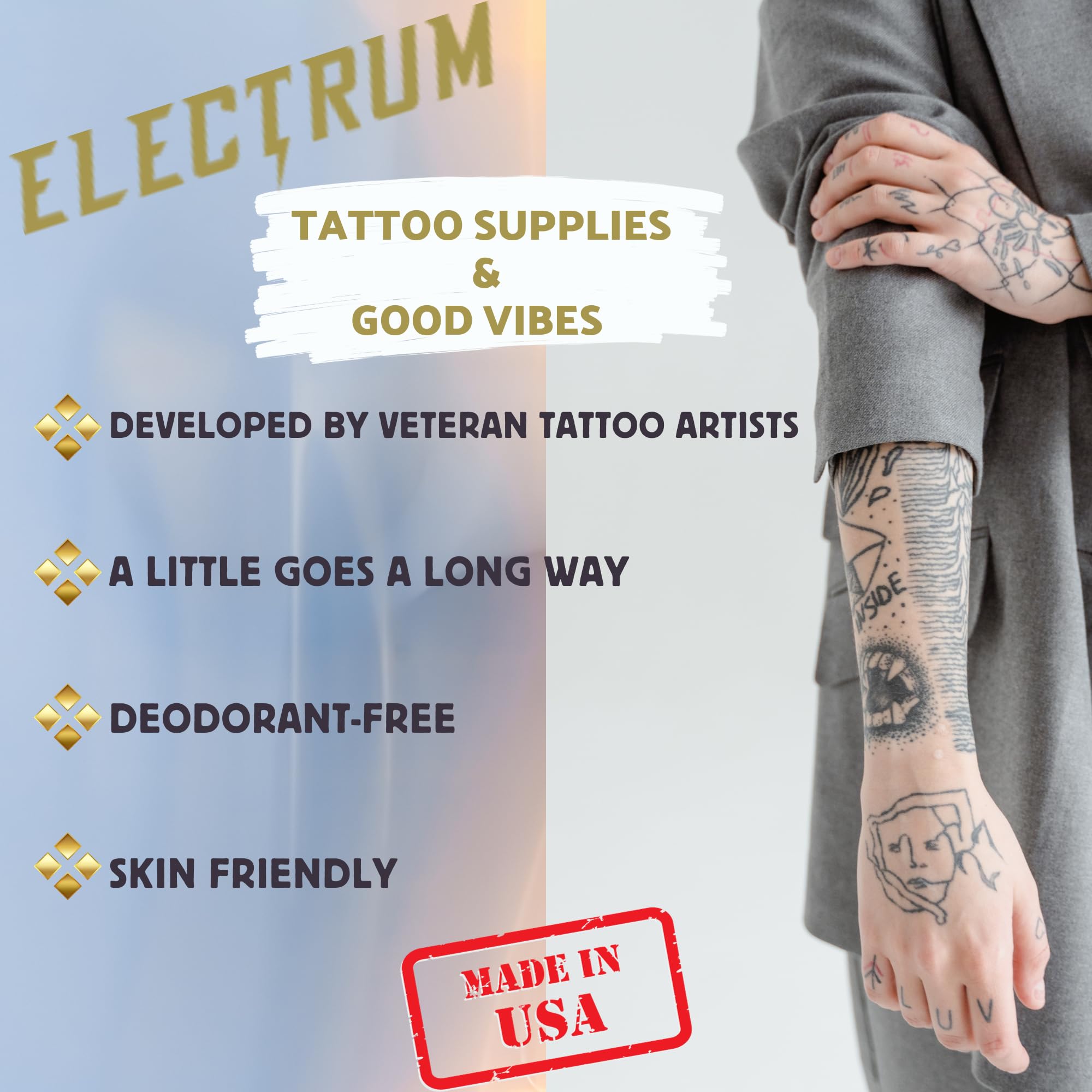 Electrum Made in USA gel emphasizes quality from tattoo artists' craftsmanship.