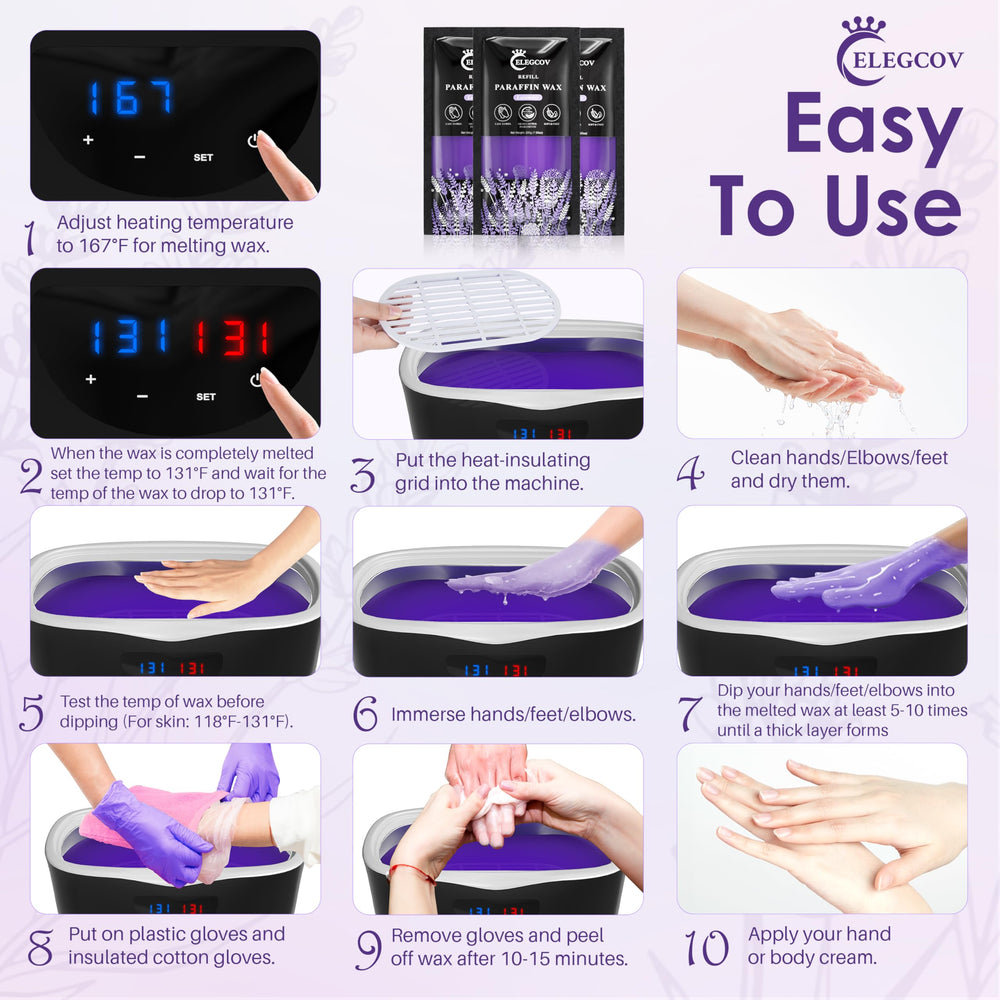 Dry heels and elbows nourished by ELEGCOV lavender paraffin wax warmth.