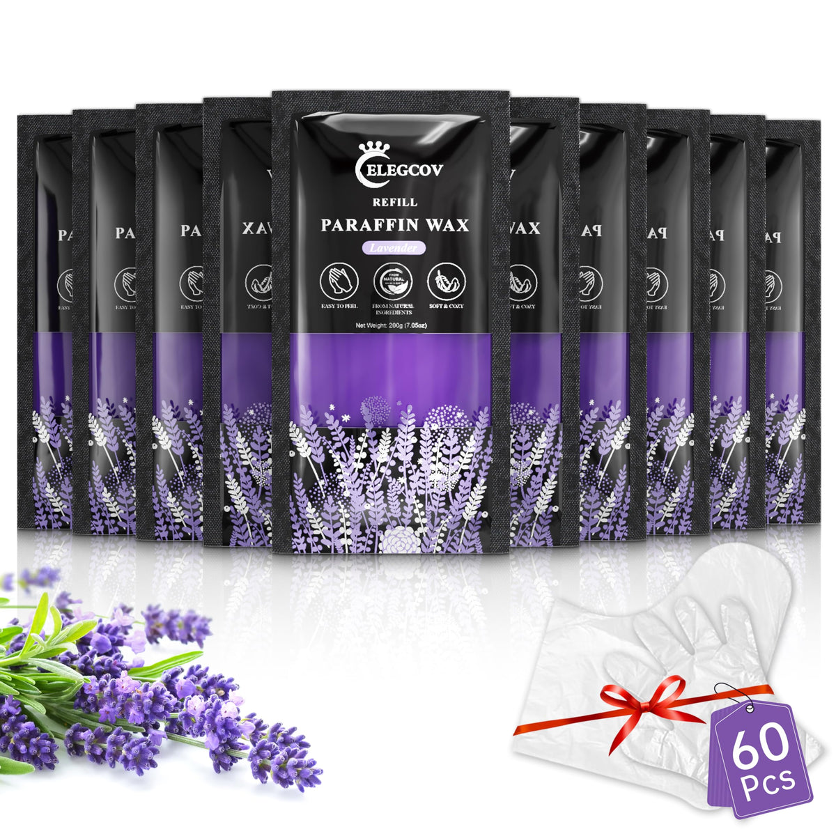 ELEGCOV lavender paraffin refills for spa-like home treatment and moisturized hands.
