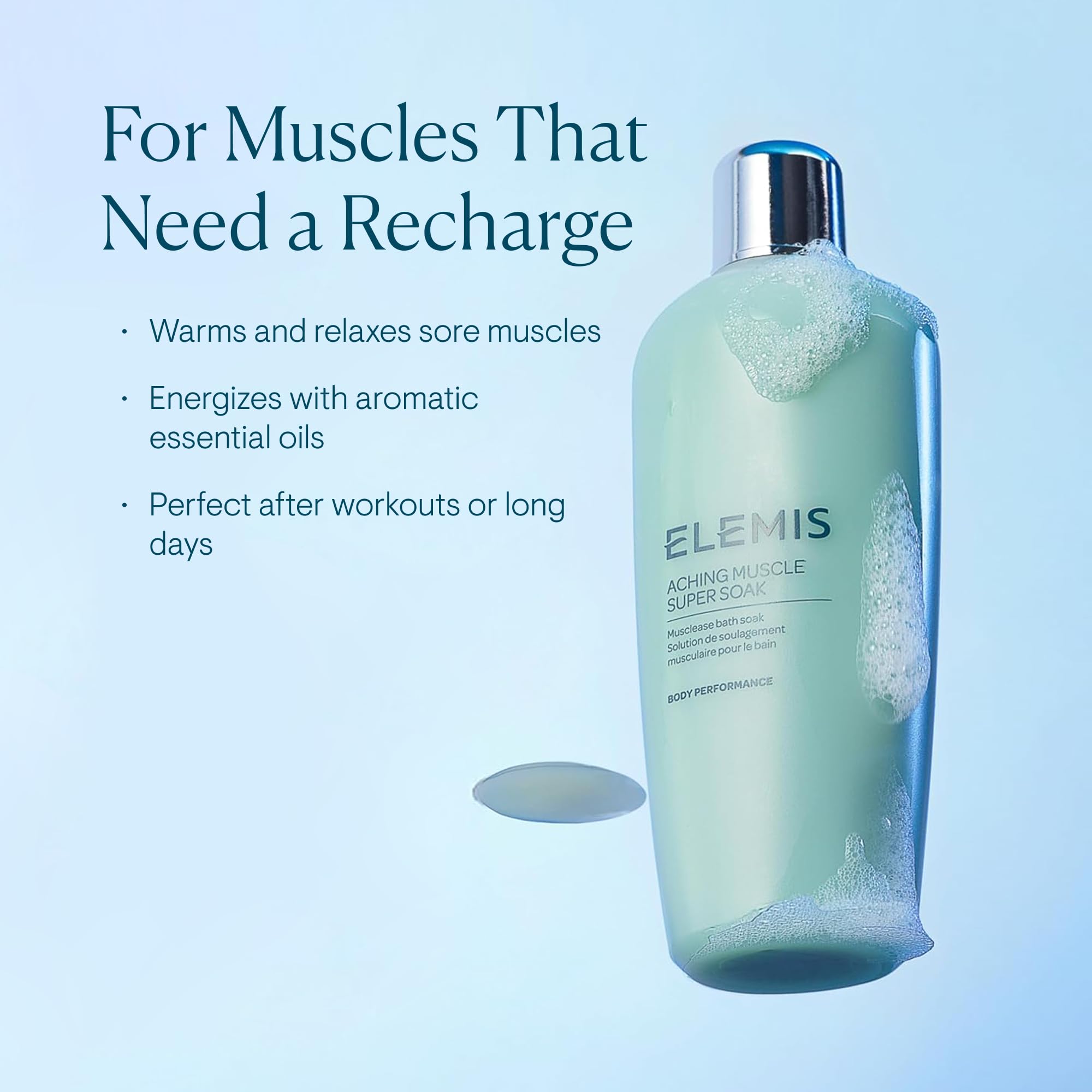 ELEMIS Aching Muscle Super Soak being poured into warm water for a relaxing soak