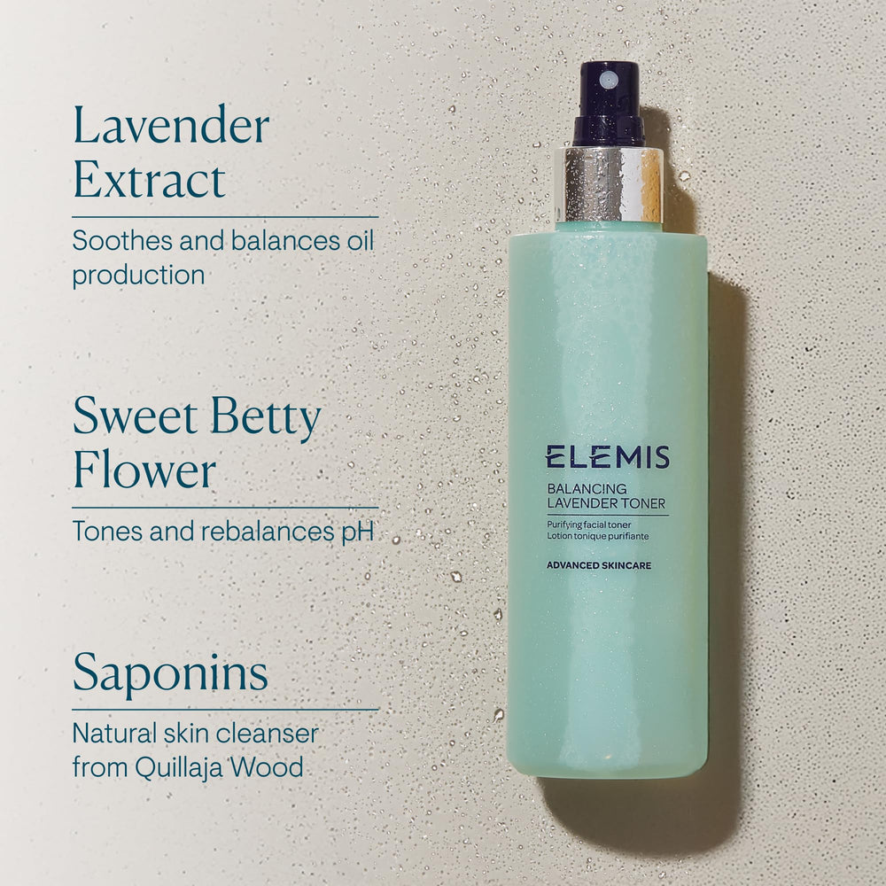 Fingertips apply ELEMIS Balancing Toner to prep skin for moisturizer.