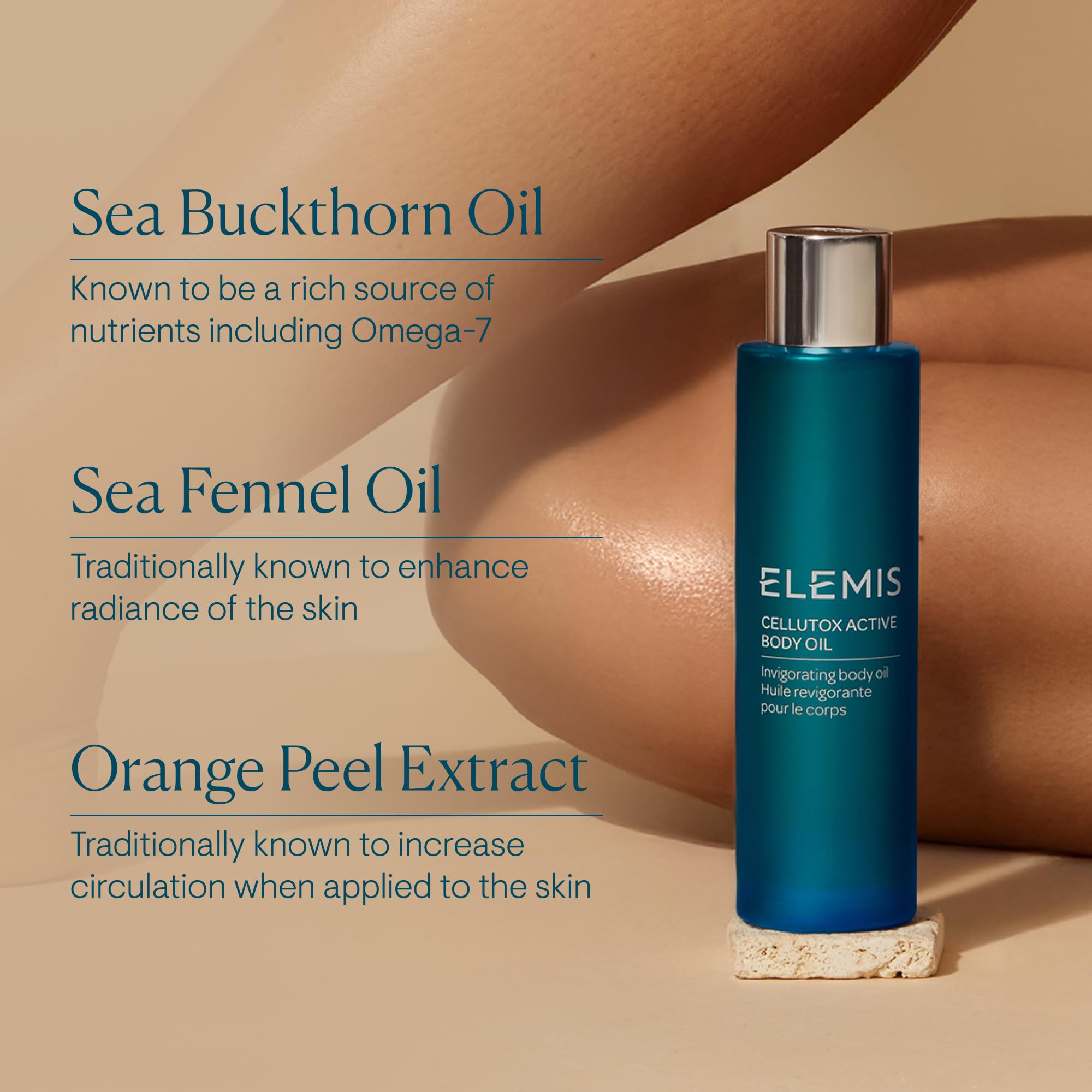 ELEMIS bottle-label closeup communicates premium detoxifying body oil.
