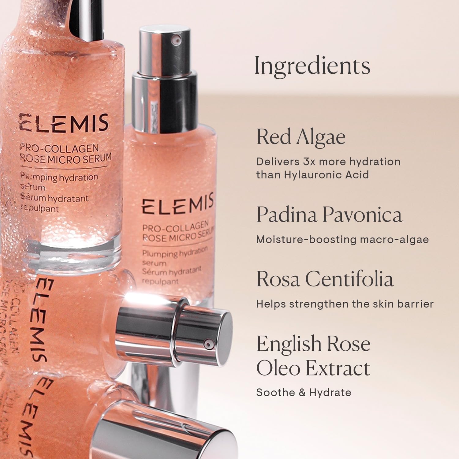 ELEMIS dual-phase technology diagram explains oil-in-serum delivery for plump, nourished skin.
