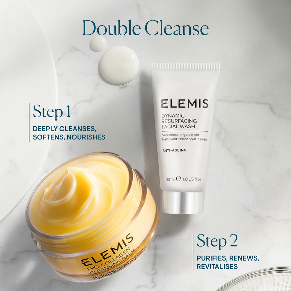ELEMIS Dynamic Resurfacing Facial Wash on a bathroom shelf for daily routines.