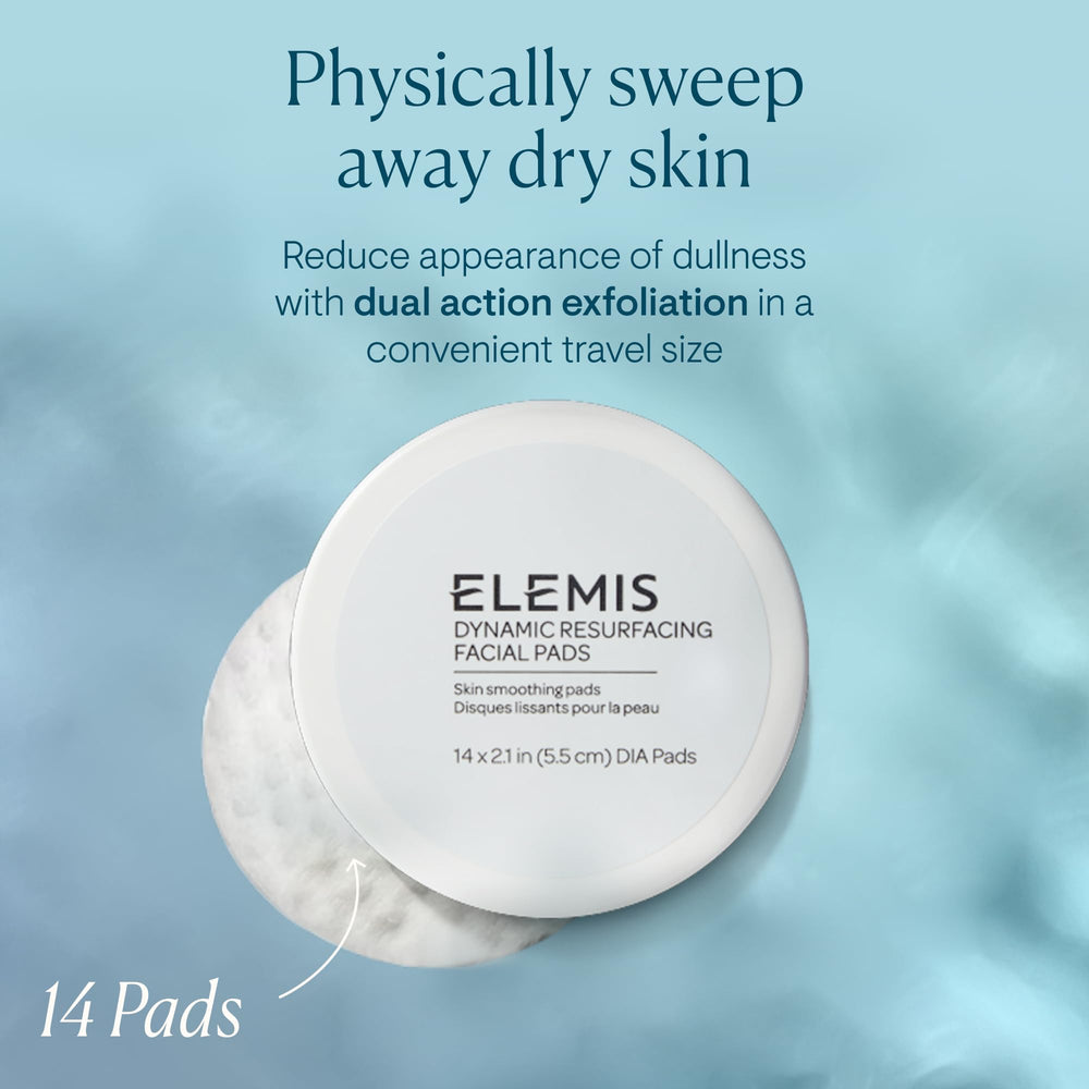 elemis dynamic resurfacing pads bottle-open display emphasizing gentle resurfacing technology for even tone