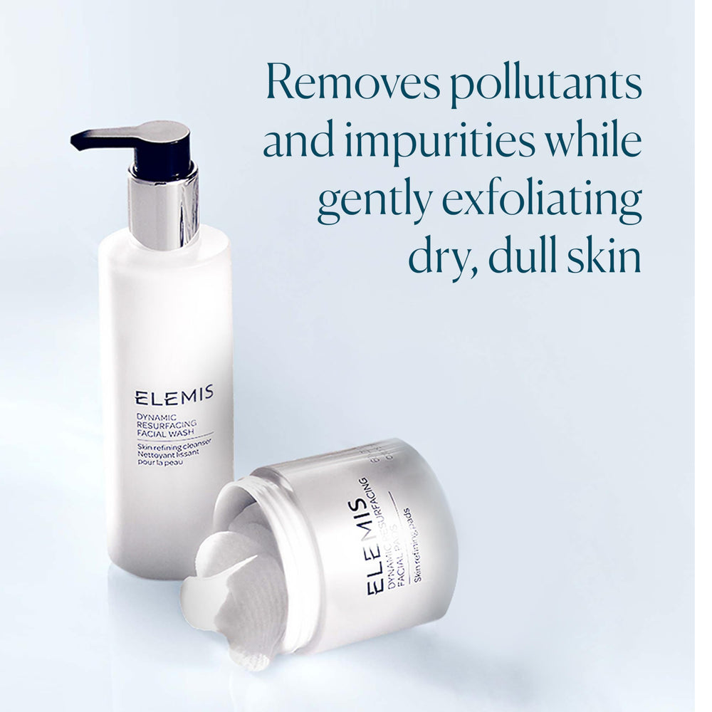 ELEMIS Exfoliating Facial Pads tube emphasizing gentle resurfacing to refine texture.