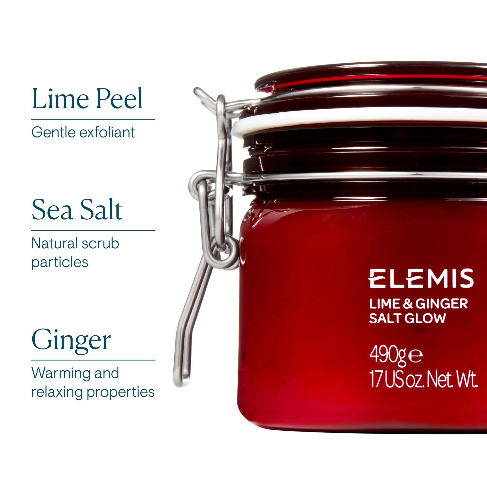 ELEMIS Exotic Lime & Ginger salt glow scrub particles on surface.