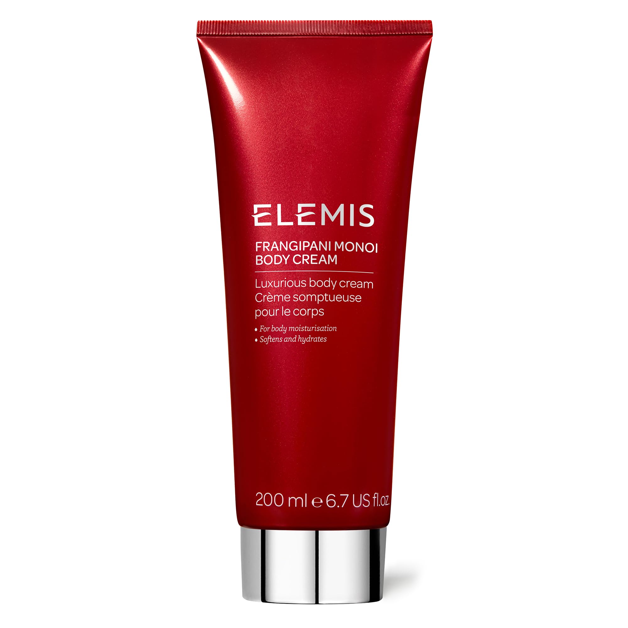 Elemis Frangipani Monoi Body Cream bottle showcases luxurious hydration for daily use.