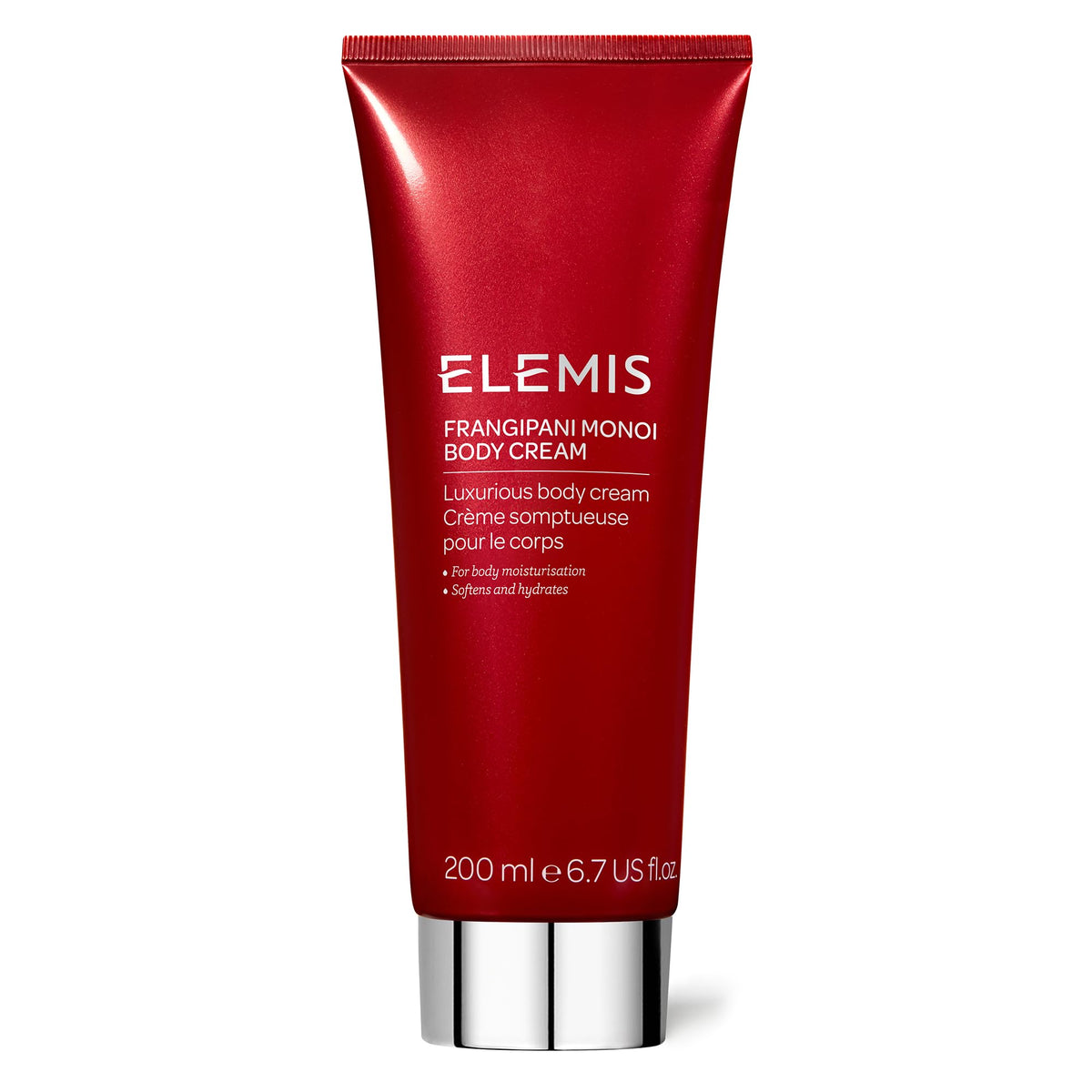 Elemis Frangipani Monoi Body Cream bottle showcases luxurious hydration for daily use.