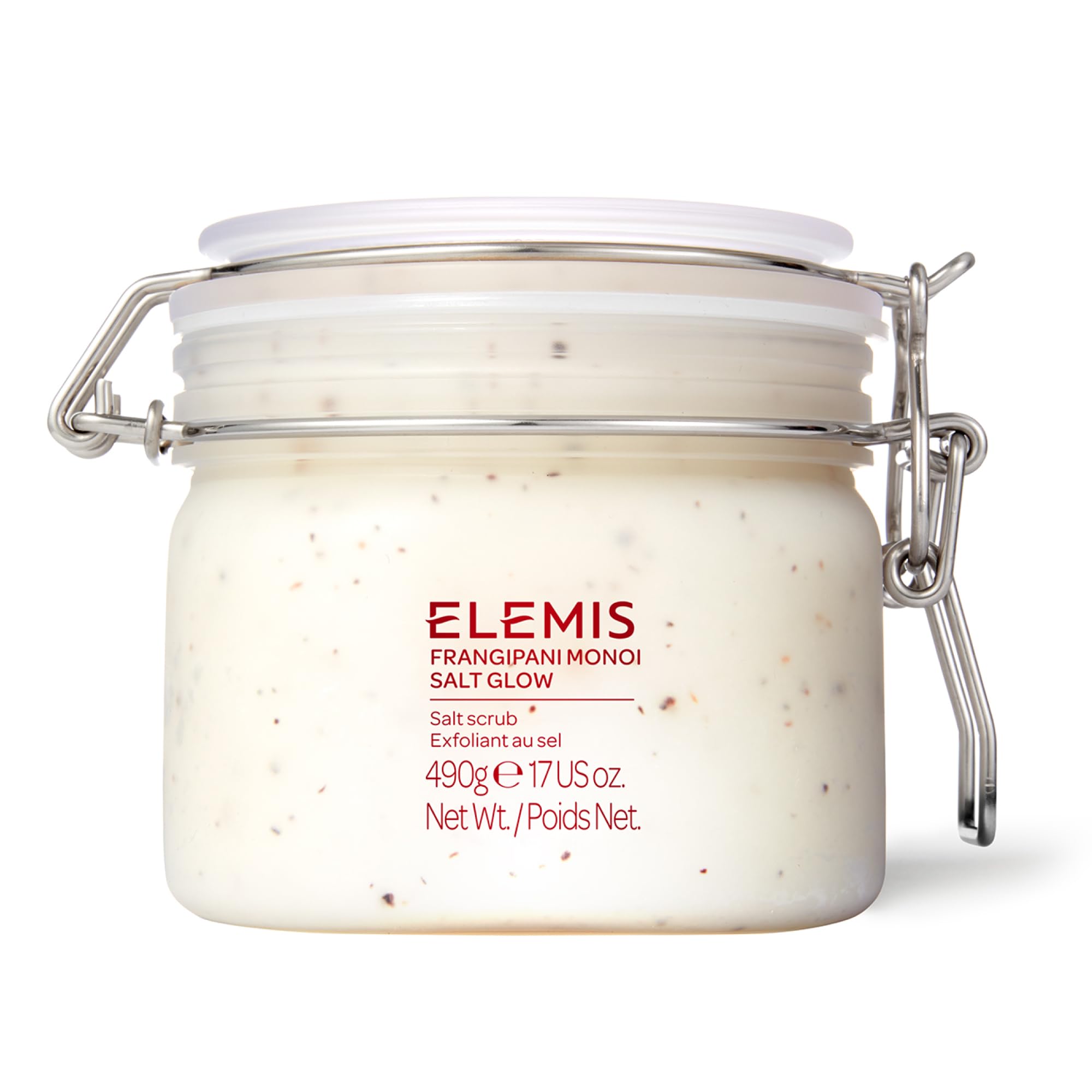 Elemis Frangipani Monoi Salt Glow packaging highlights tropical exfoliation and spa-like indulgence.