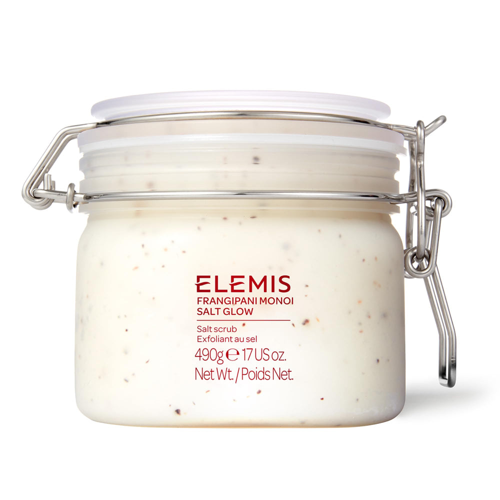 Elemis Frangipani Monoi Salt Glow packaging highlights tropical exfoliation and spa-like indulgence.
