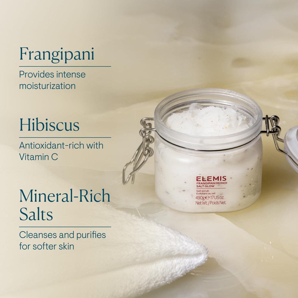Elemis Frangipani Monoi Salt Glow tub with beach imagery hinting tropical hydration.