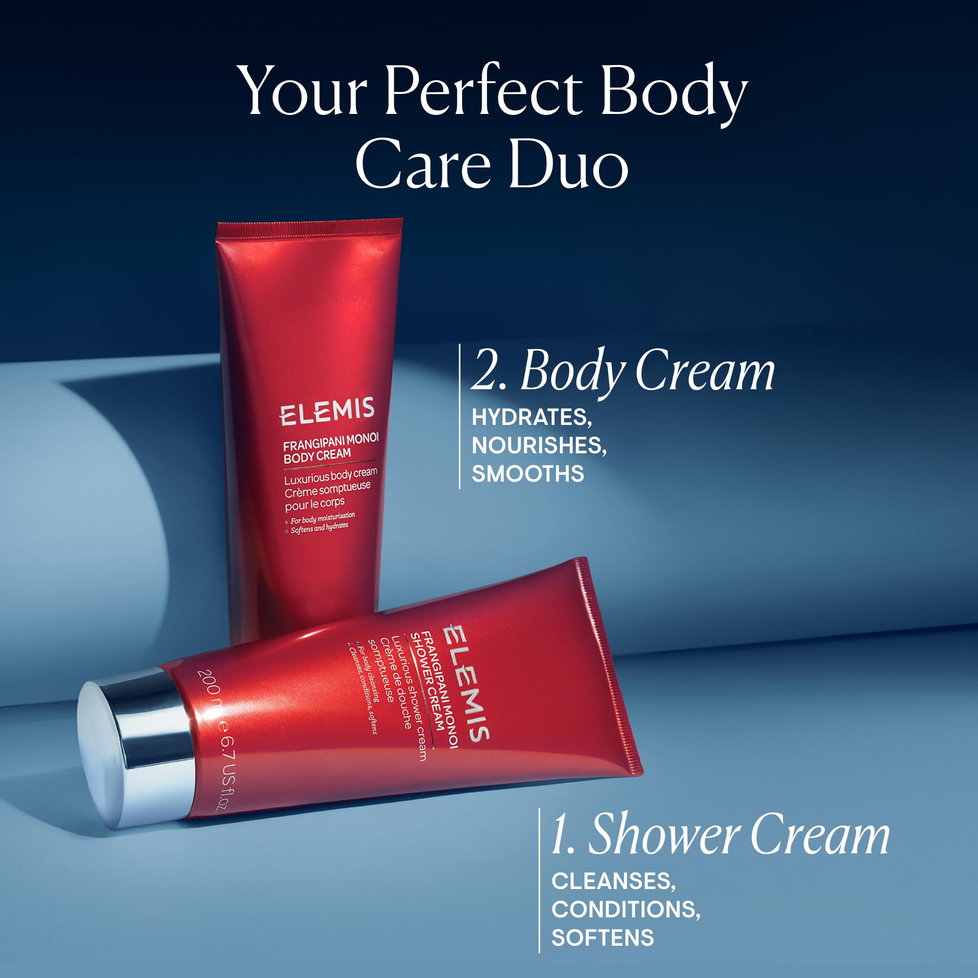 Elemis Frangipani Monoi shower cream applied on skin delivering smoothness.