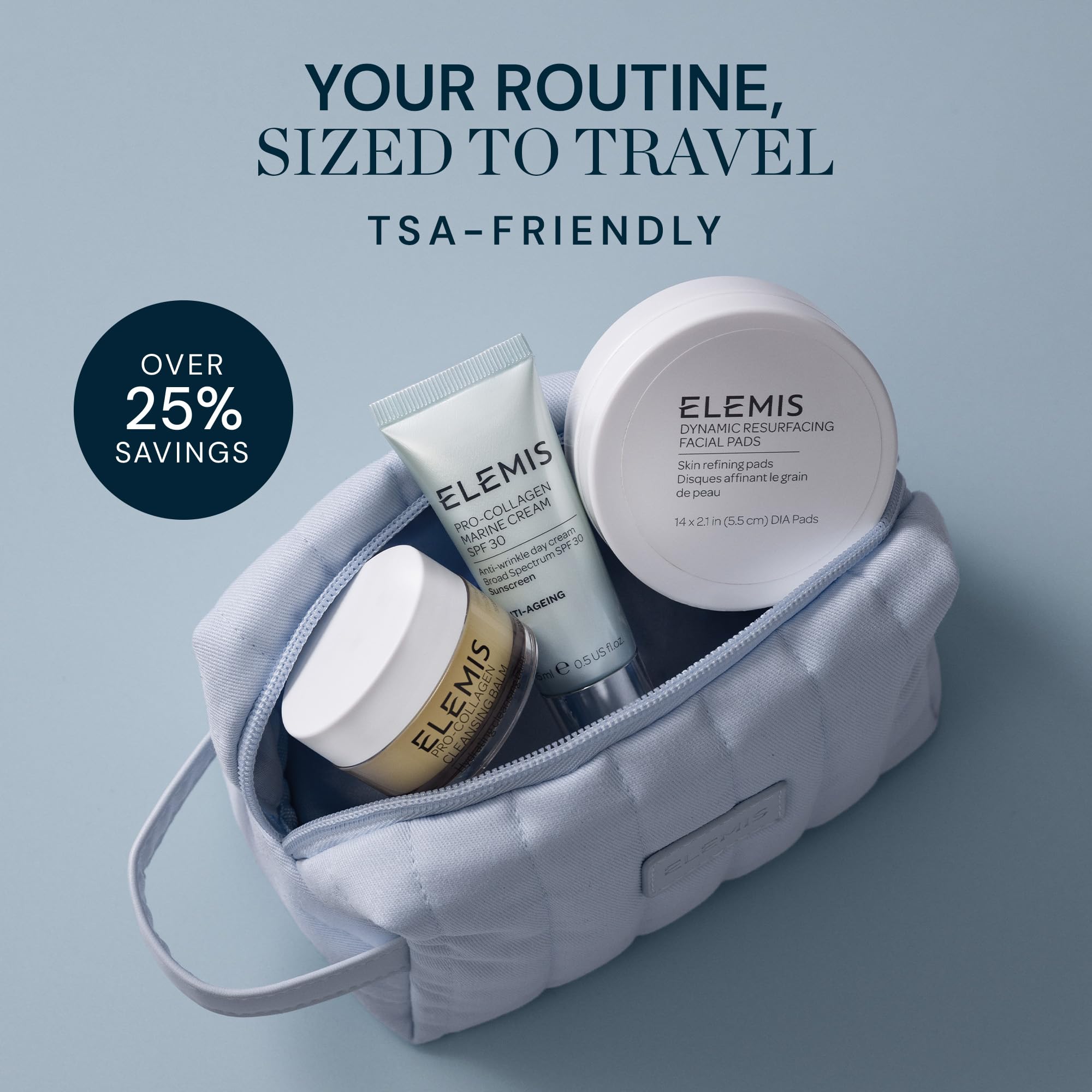 Elemis travel set packaging showing luxury skincare gift-ready presentation.