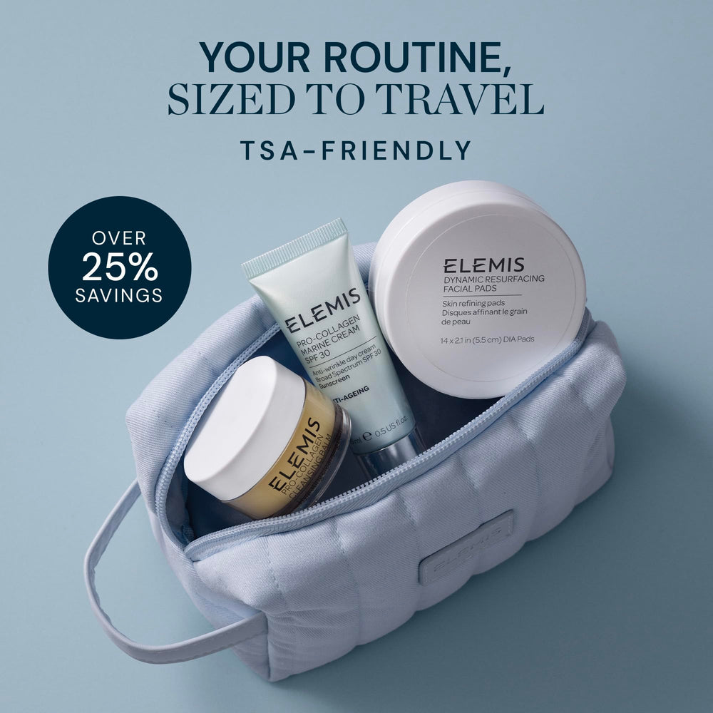 Elemis travel set packaging showing luxury skincare gift-ready presentation.