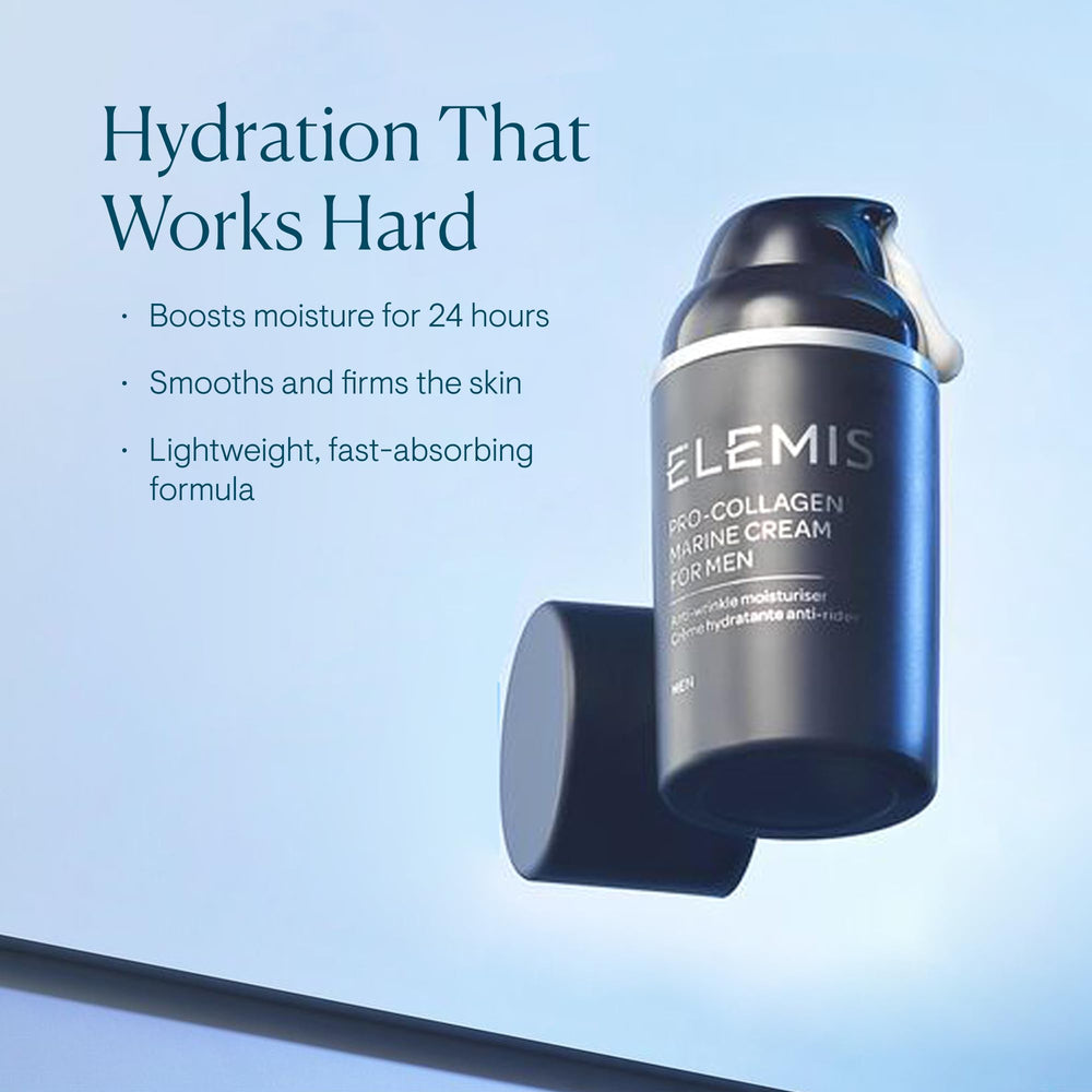 Elemis Men Pro-Collagen Marine Cream on hand shows lightweight, fast-absorbing texture.