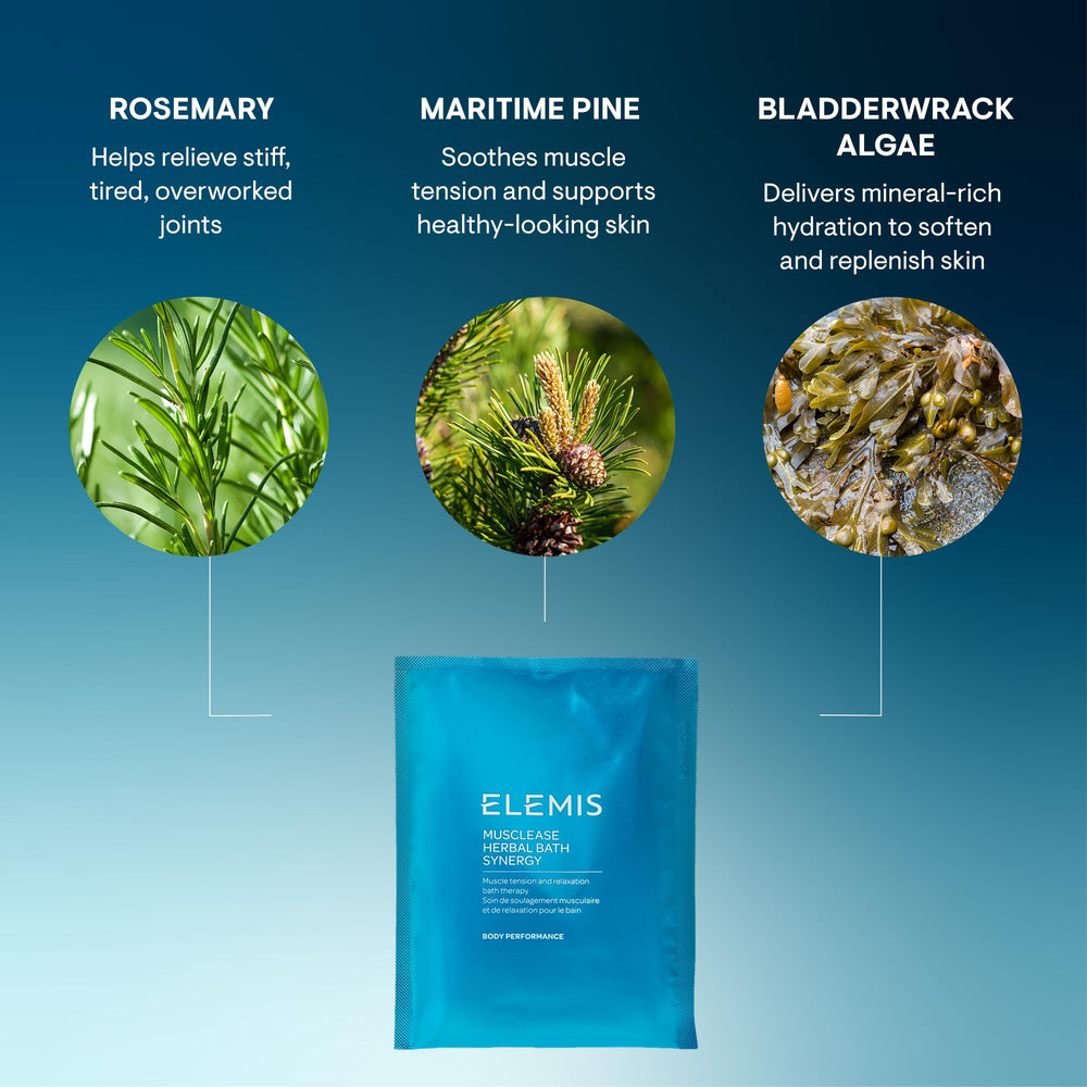 ELEMIS Musclease box shows ten sachets for multiple baths.