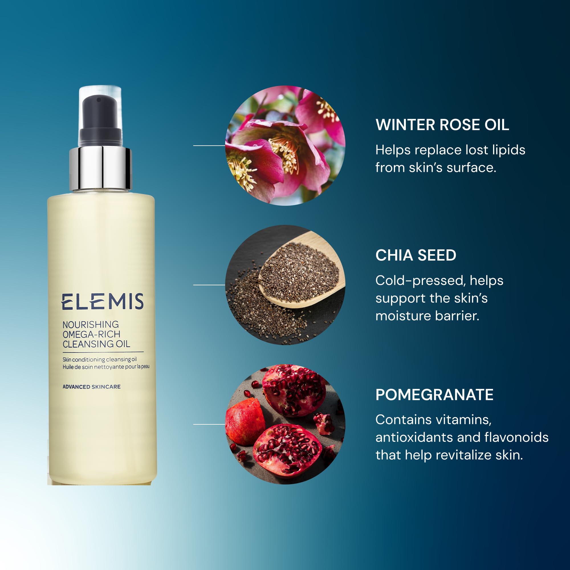 ELEMIS Nourishing Omega-Rich Cleansing Oil face-application shows gentle massage for clean, soft skin.