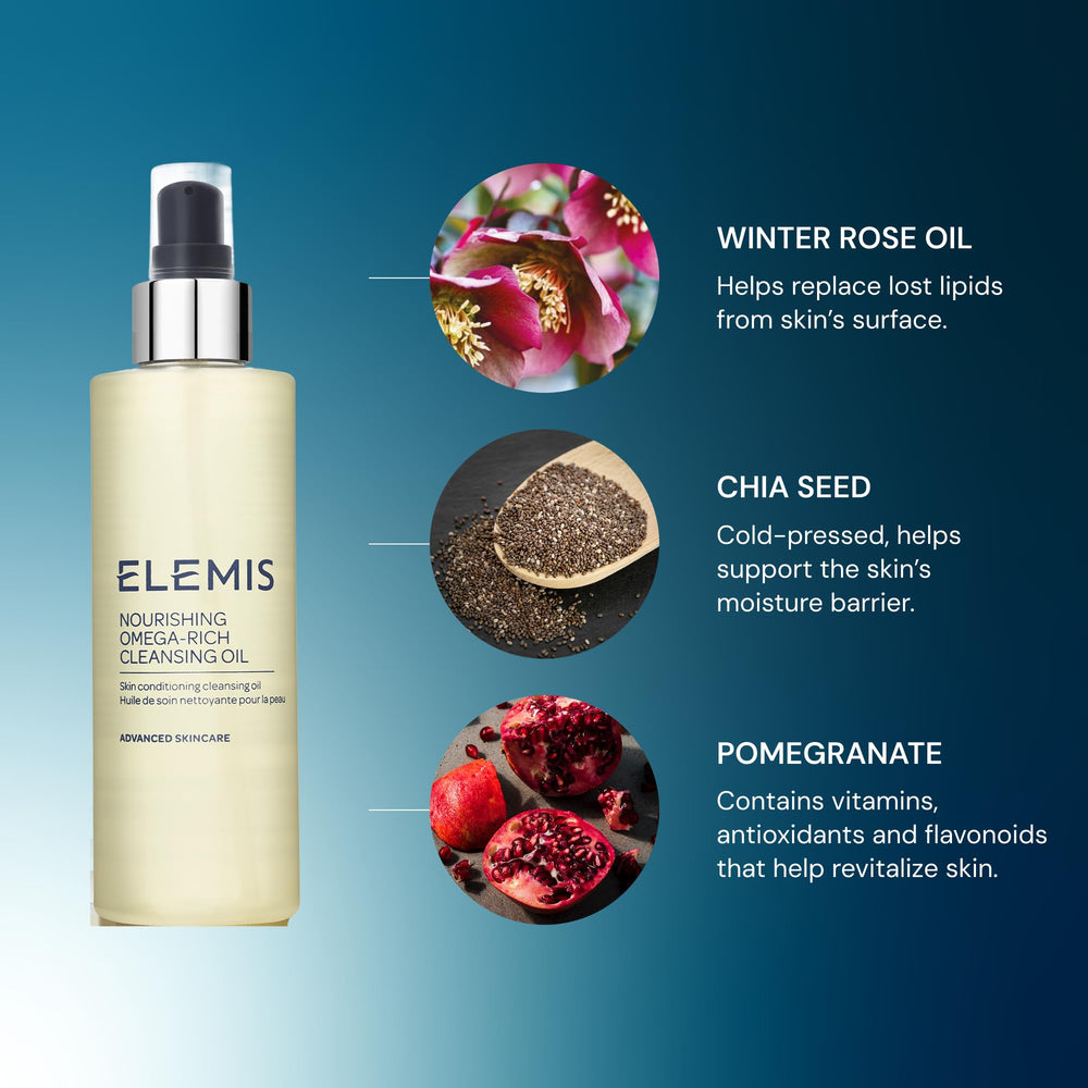 ELEMIS Nourishing Omega-Rich Cleansing Oil face-application shows gentle massage for clean, soft skin.