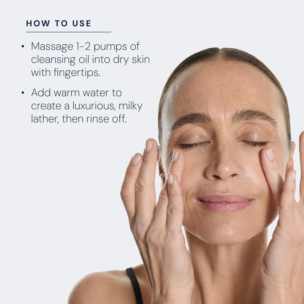 ELEMIS Nourishing Omega-Rich Cleansing Oil bottle on towel suggests routine-friendly cleansing.