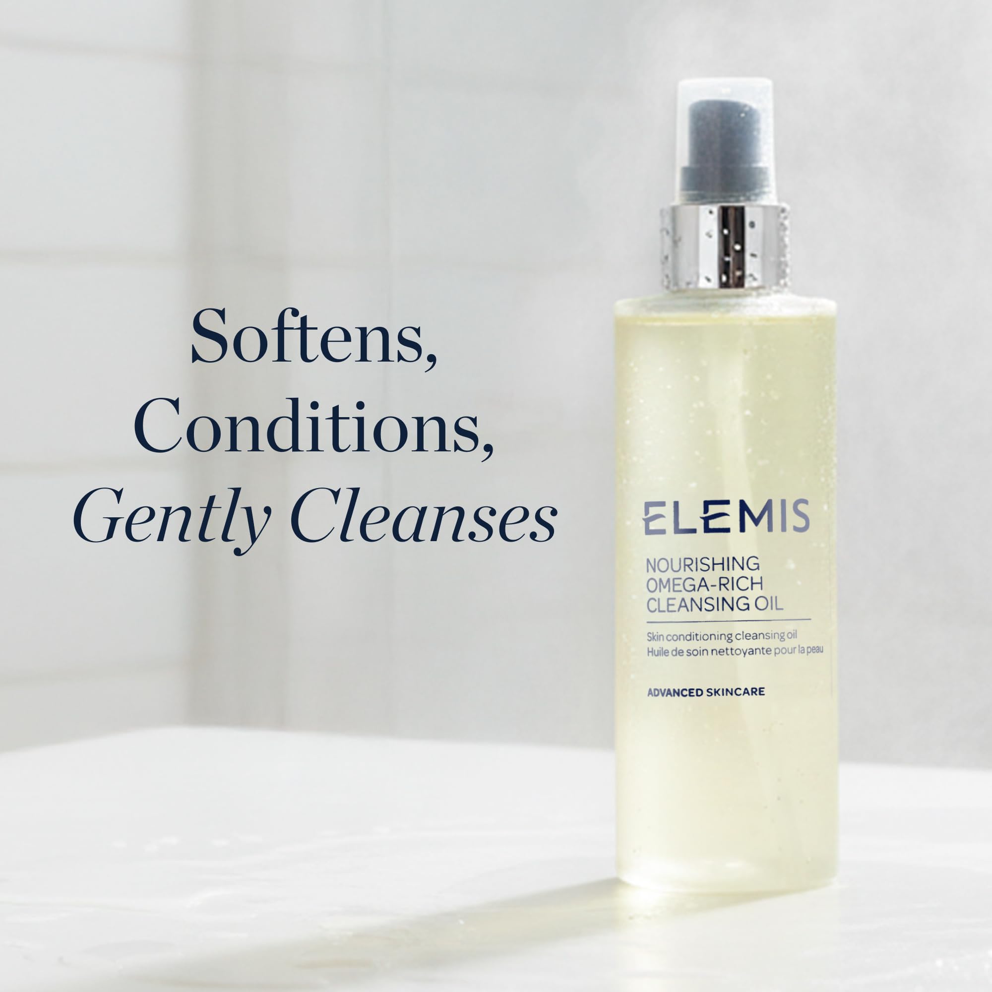 ELEMIS Nourishing Omega-Rich Cleansing Oil pump demonstrates easy, gentle dispensing for everyday cleansing.