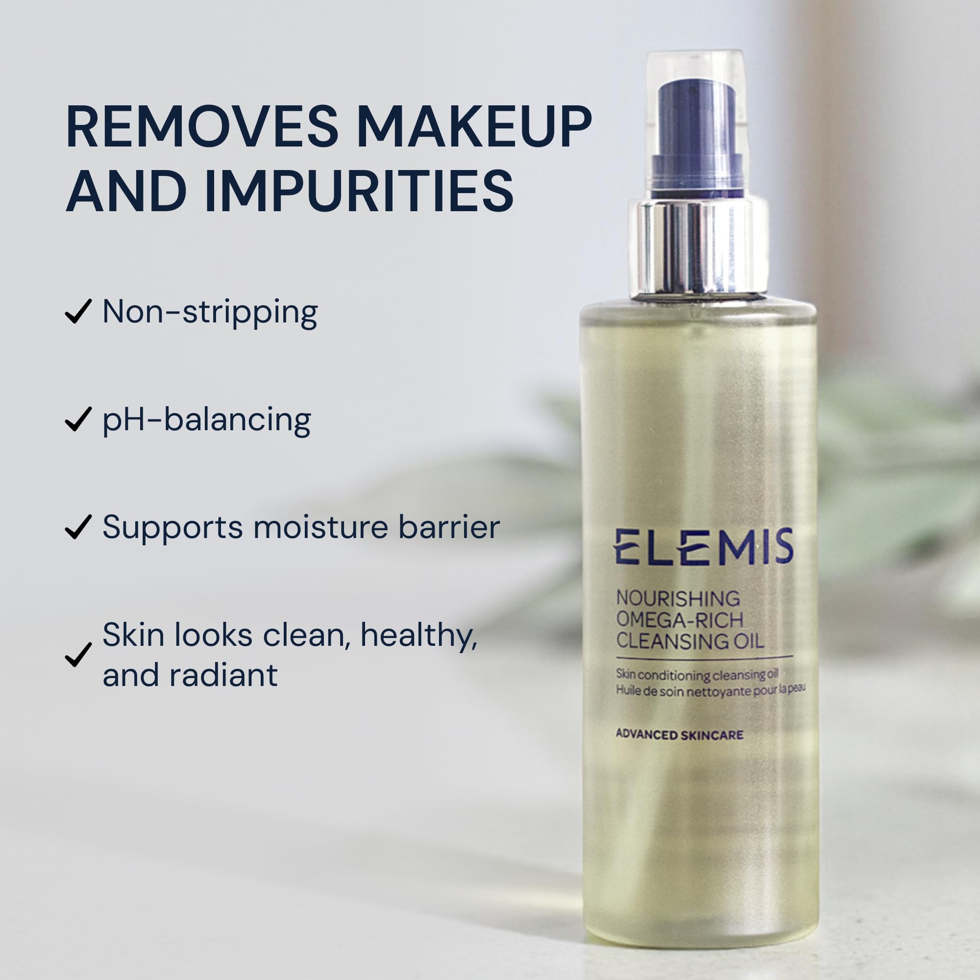 ELEMIS Nourishing Omega-Rich Cleansing Oil texture closeup emphasizes silky, non-greasy feel.