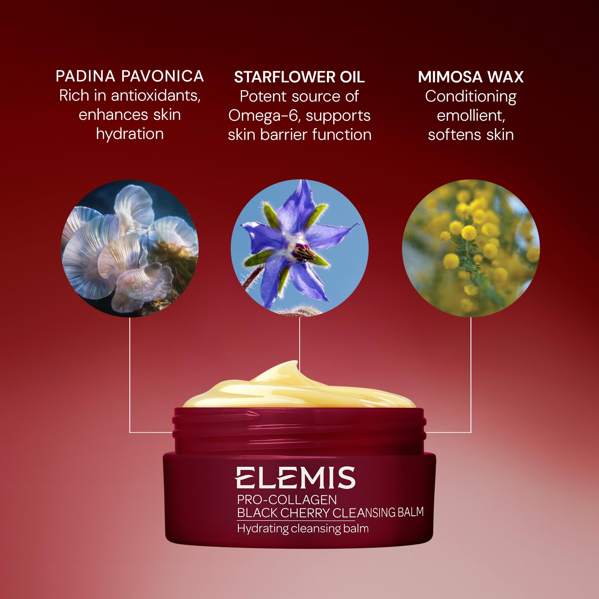 ELEMIS Pro-Collagen Black Cherry Cleansing Balm jar shown as daily cleanser or weekly mask.