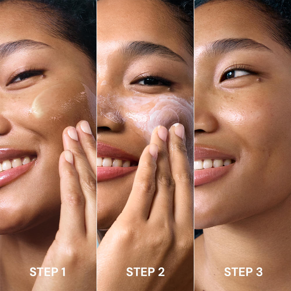 Damp cloth removes the balm after cleansing for a fresh finish.
