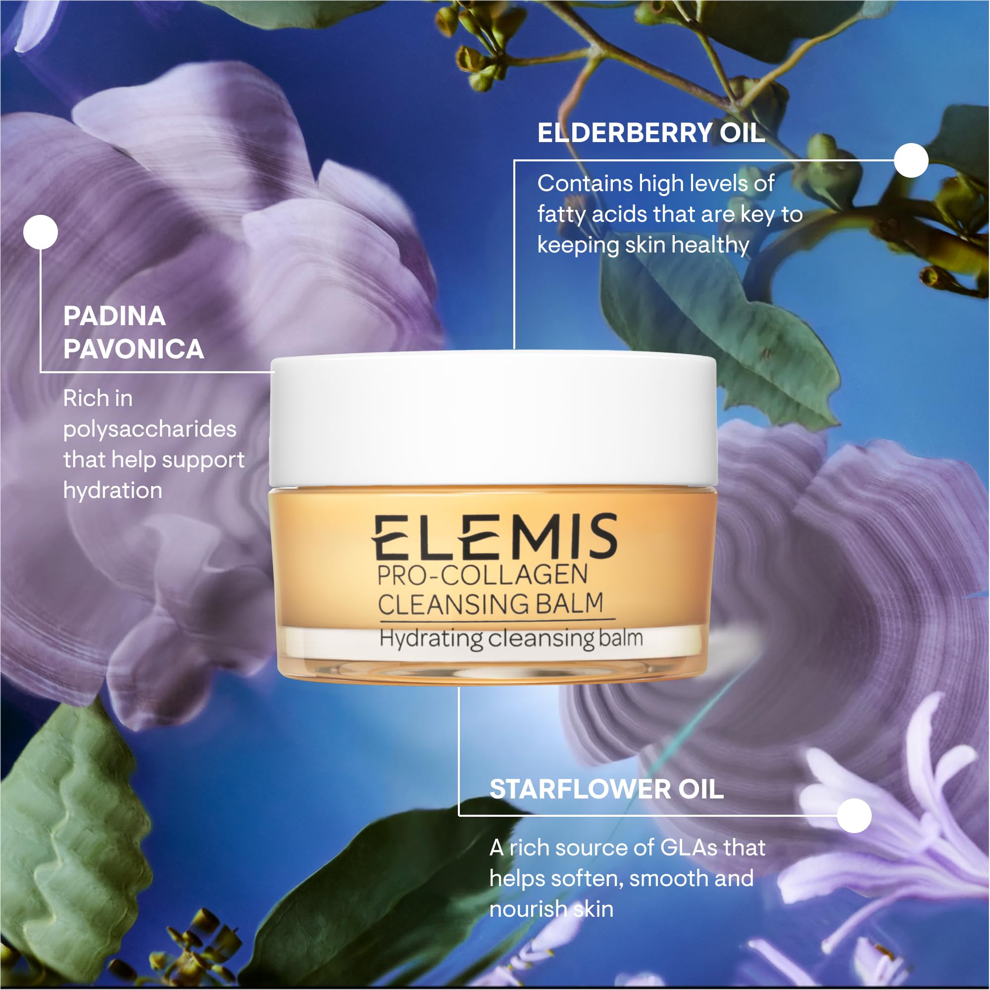 ELEMIS product label close-up noting 3-in-1 cleansing balm concept.