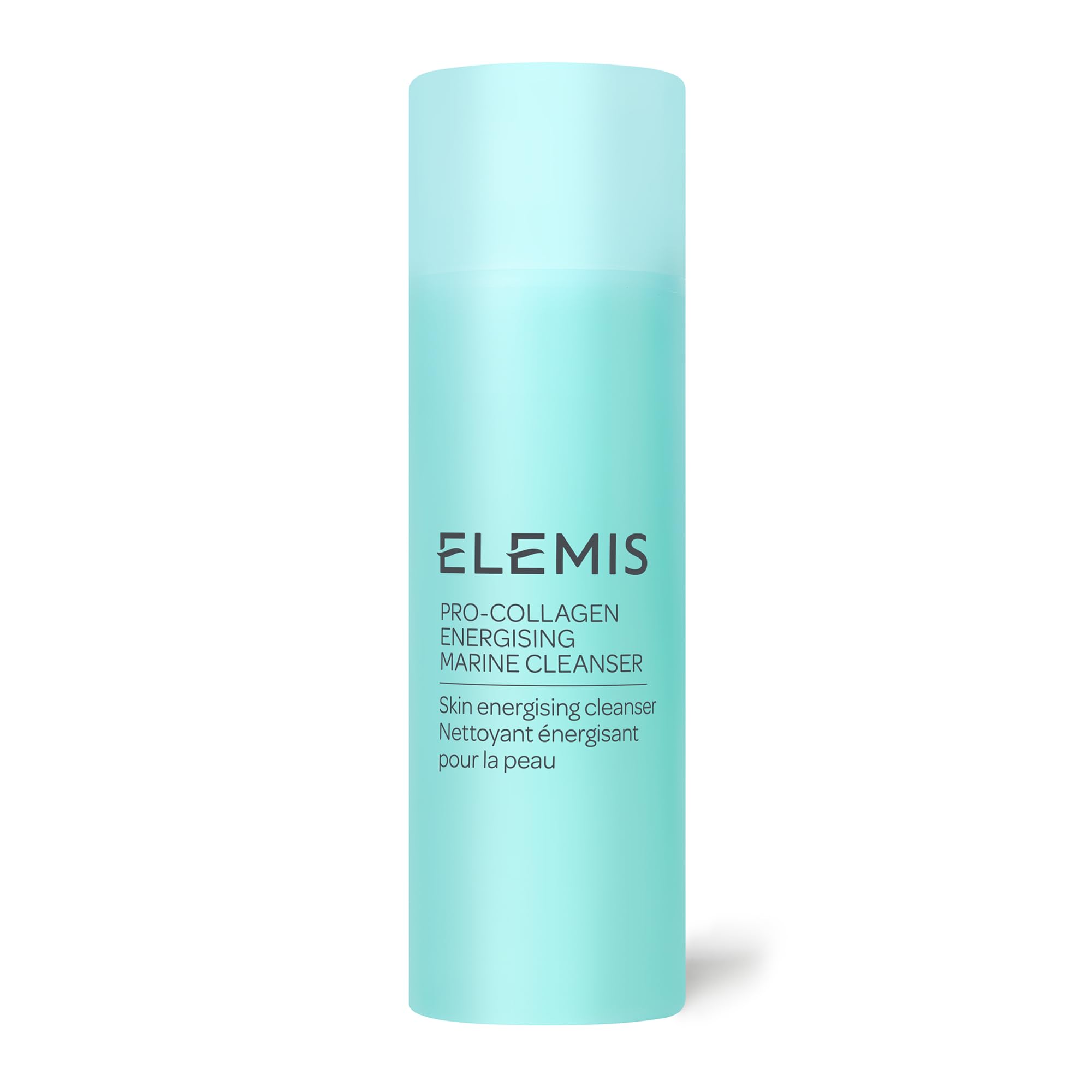 ELEMIS Pro-Collagen Energising Marine Cleanser bottle closeup shows refreshing cleanse for energized skin