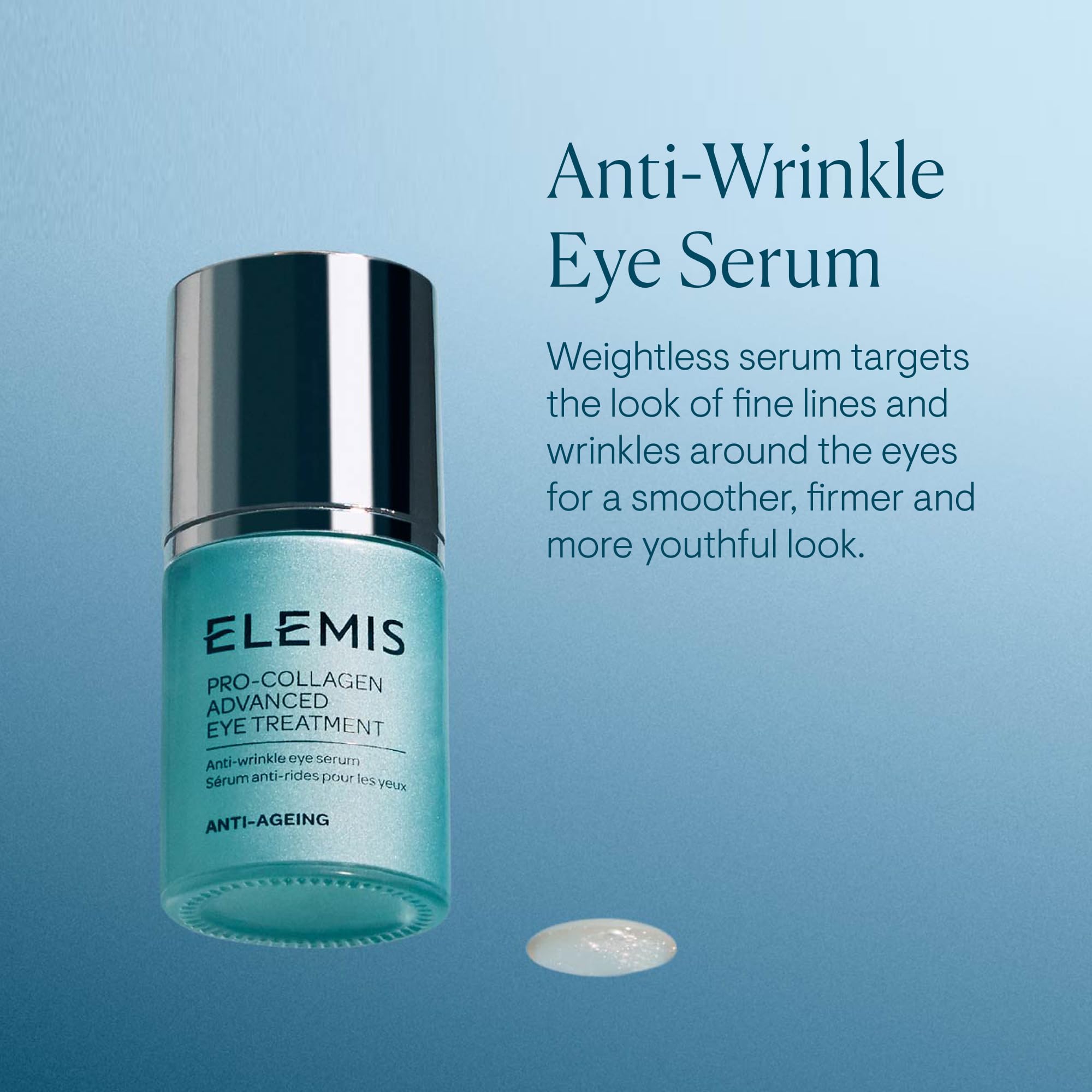 ELEMIS Pro-Collagen Eye Treatment bottle closeup shows light, refreshing formula for delicate eye area