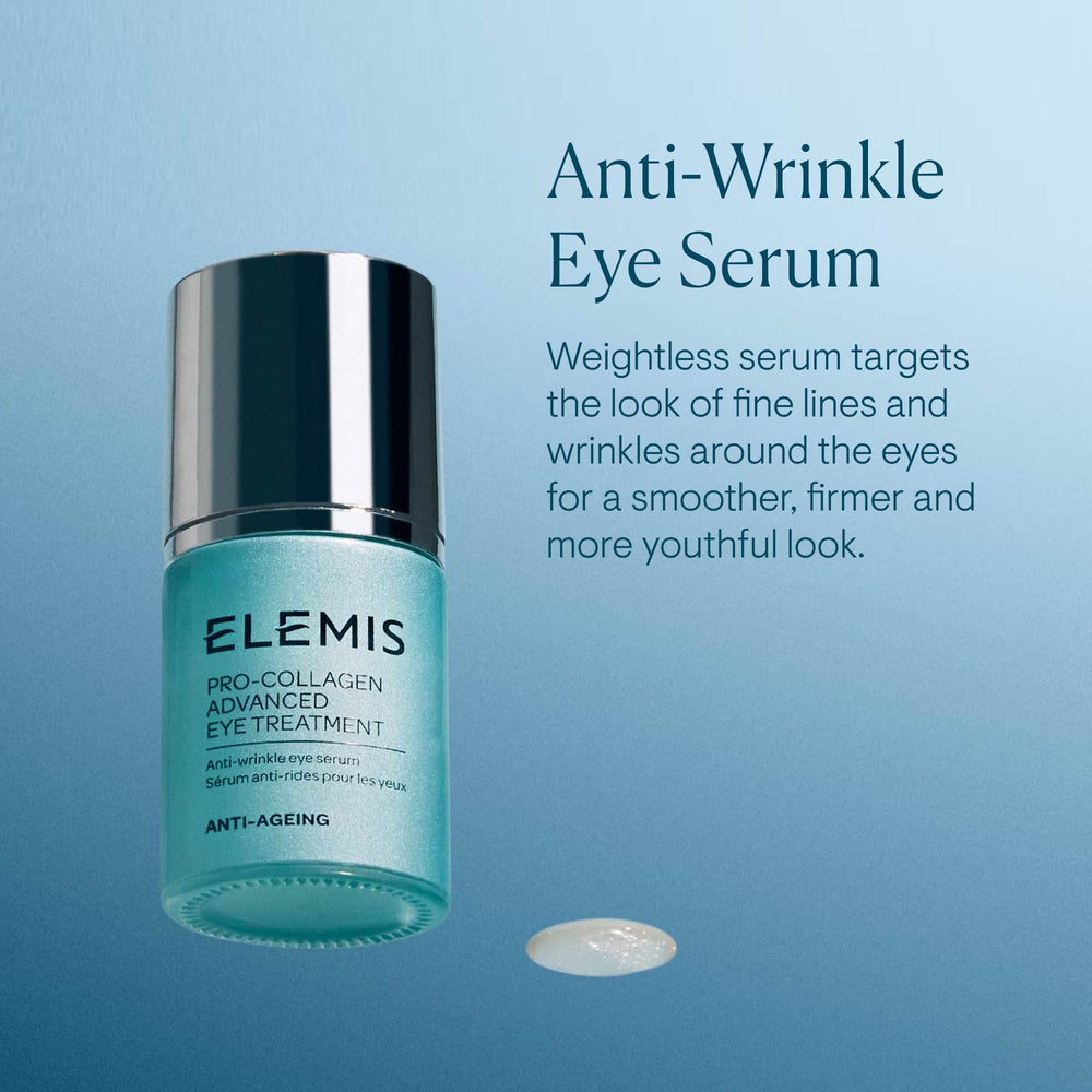 ELEMIS Pro-Collagen Eye Treatment bottle closeup shows light, refreshing formula for delicate eye area