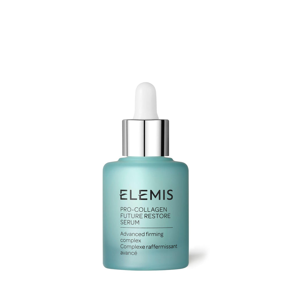 Elemis Pro-Collagen Future Restore Serum bottle glows, hinting at firming possibilities.