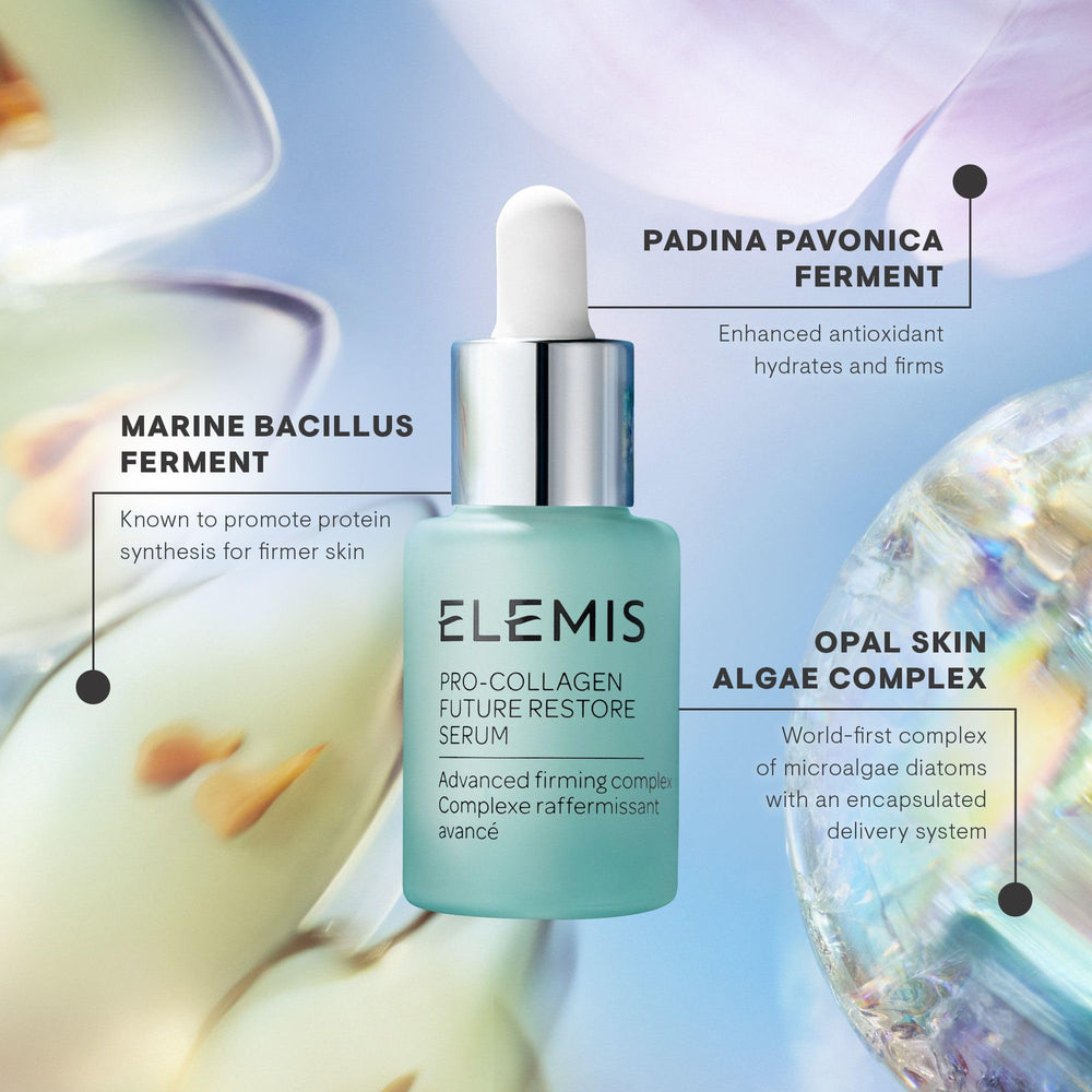 Elemis Pro-Collagen Future Restore Serum on skin during routine for firming feel.