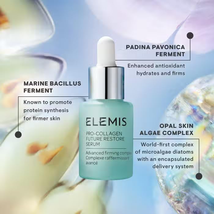 ELEMIS Pro-Collagen Future Restore Serum texture swatch reveals silky absorption for quick results.