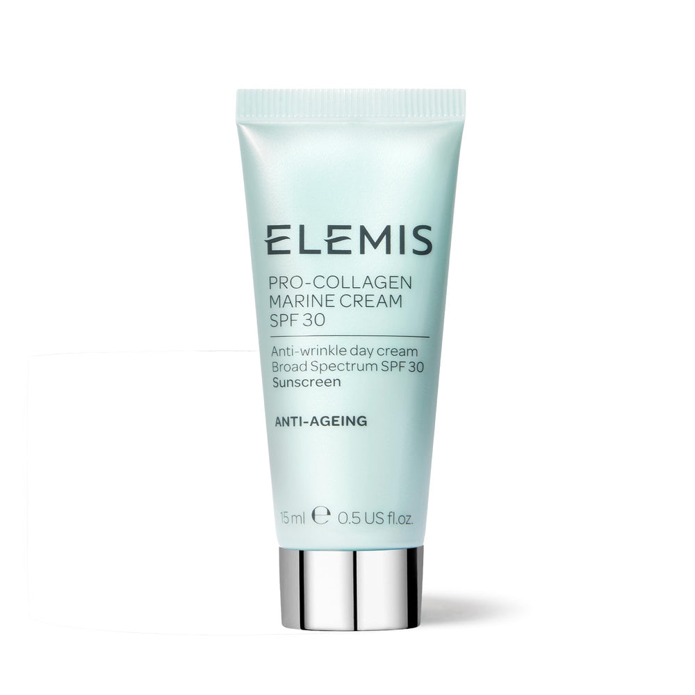 ELEMIS Pro-Collagen Marine Cream SPF 30 jar closeup shows rich hydration and subtle anti-aging benefits.
