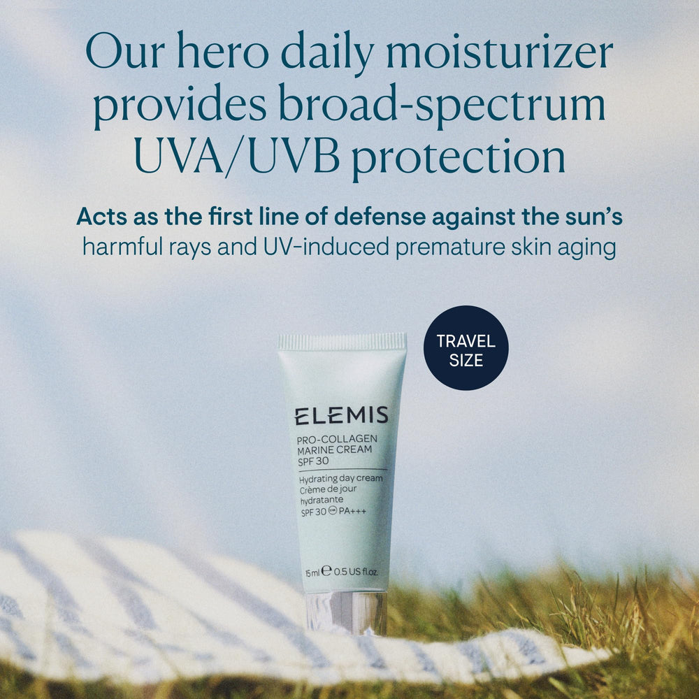 ELEMIS Pro-Collagen Marine Cream SPF 30 label closeup highlights sun protection.