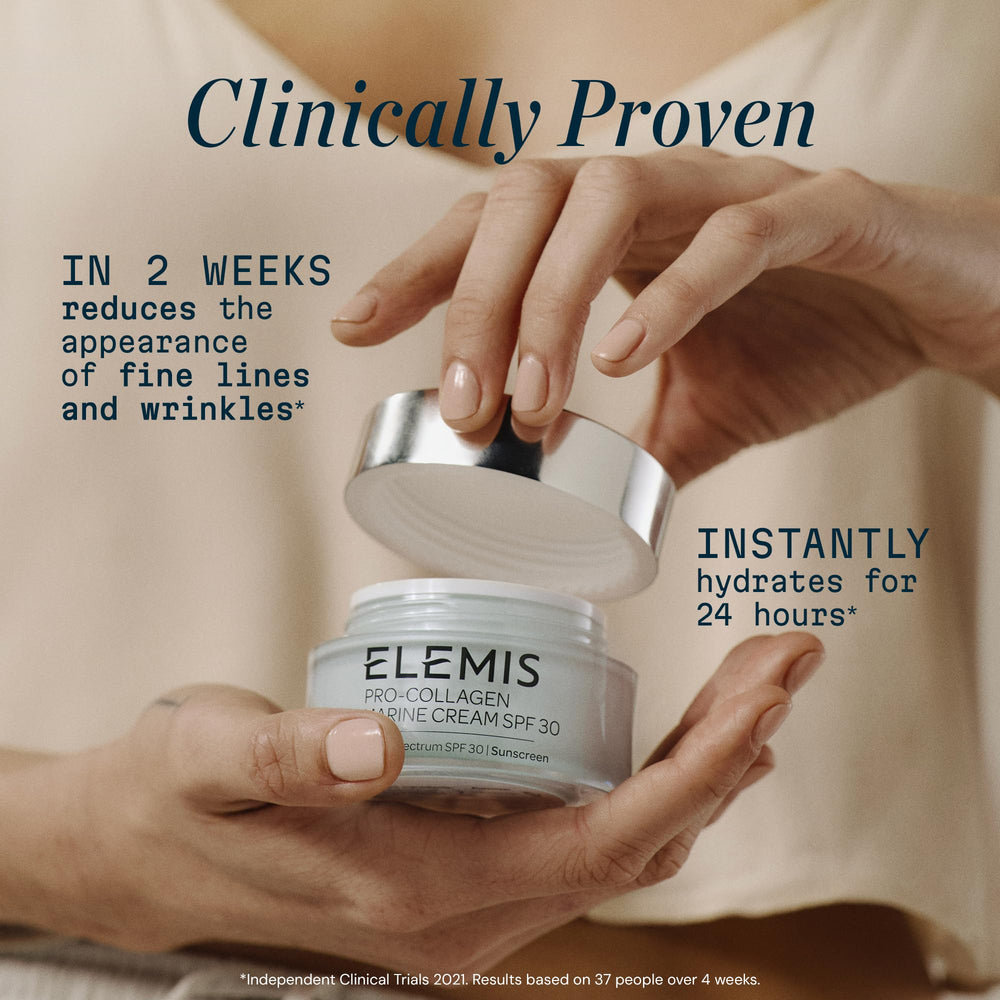 Elemis Pro-Collagen Marine Cream SPF 30 label detail shows sun protection