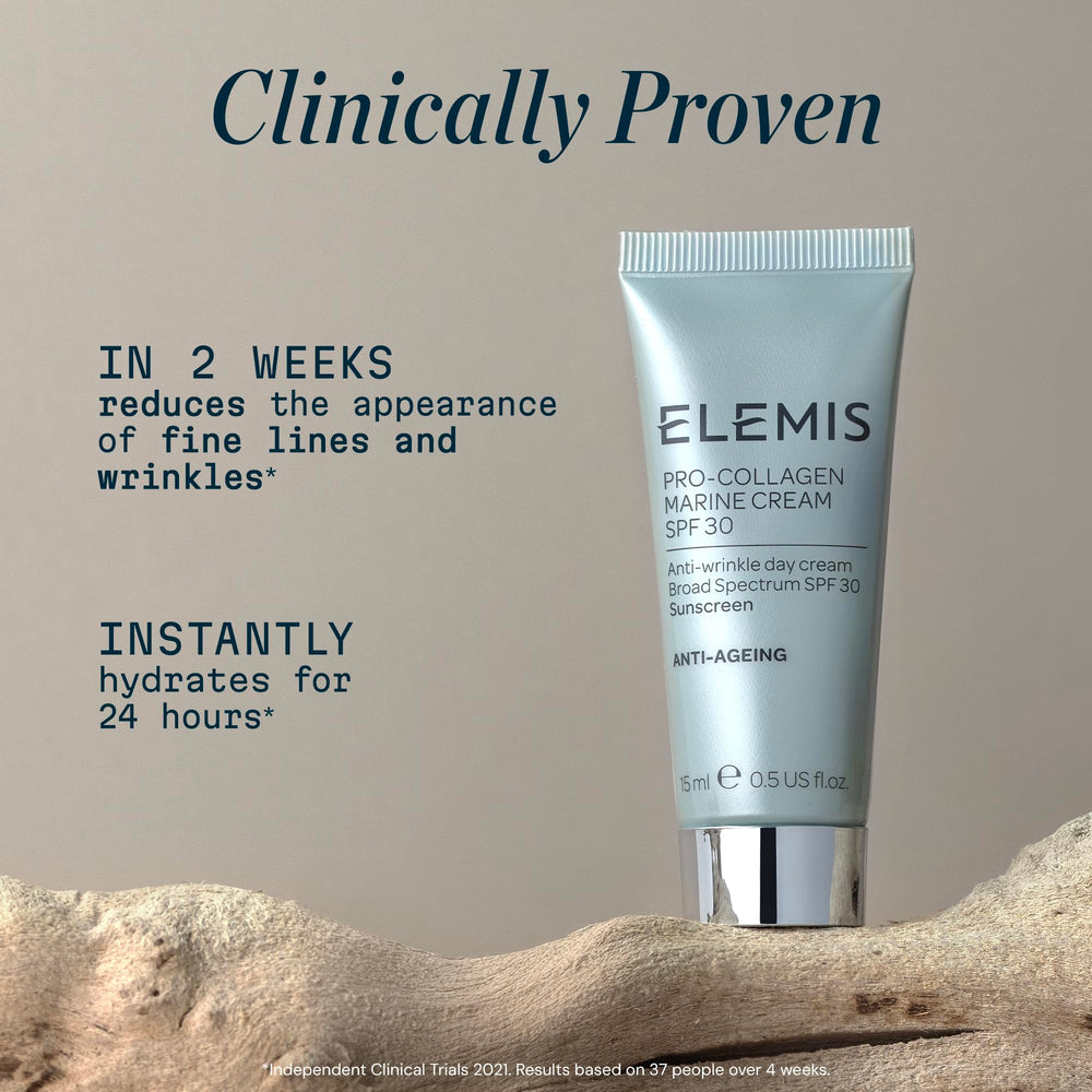 ELEMIS Pro-Collagen Marine Cream SPF 30 swatch demonstrates smooth finish and moisture.